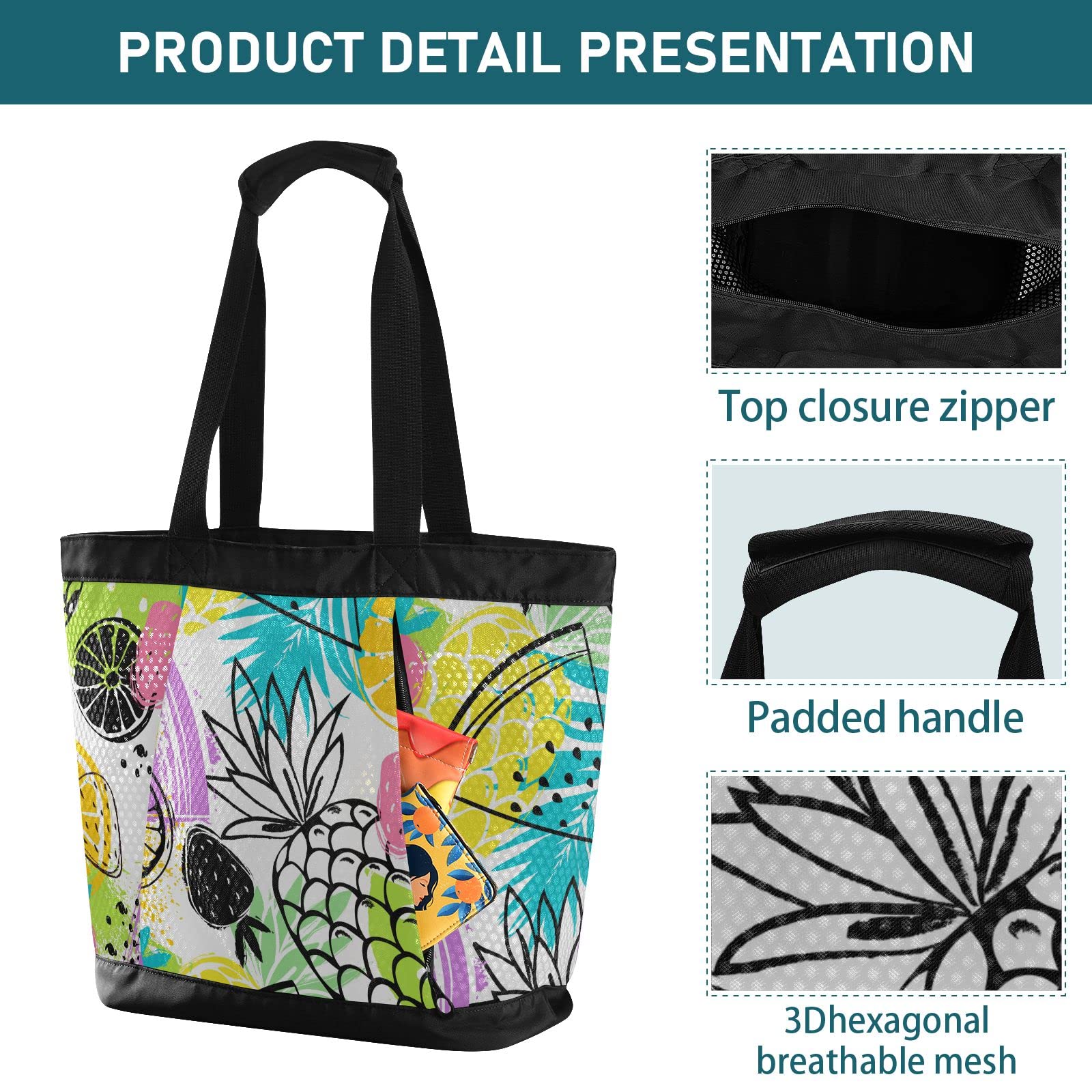J JOYSAY Large Water-Resistant Mesh Beach Tote Bag with Pineapple Illustration - Perfect for Women's Beach Trips, Work, Training & Hiking | Durable & Stylish Carryall for Summer Travel, Gym & Outdoor Activities