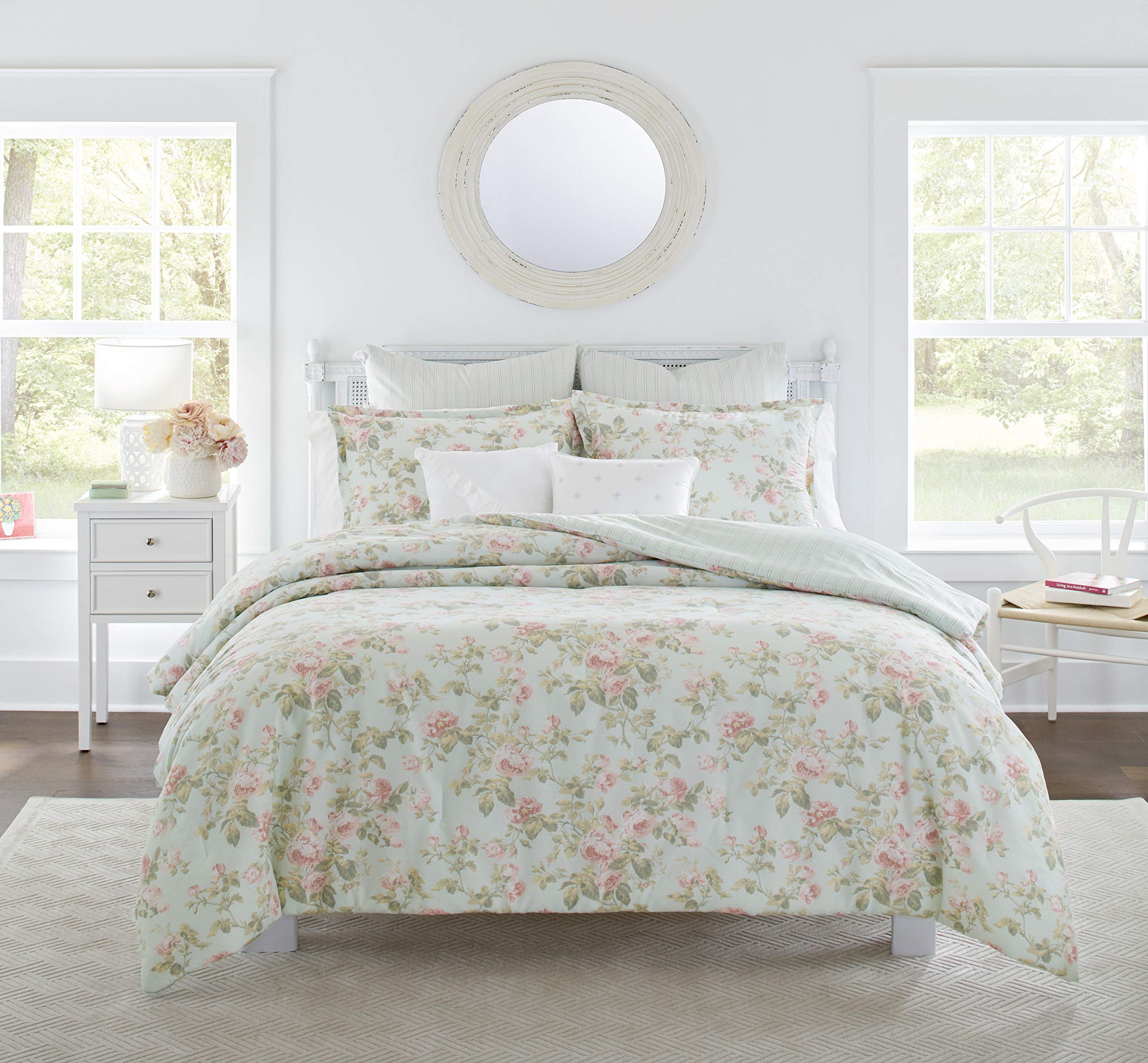 Laura Ashley Home - King Size Reversible Cotton Comforter Set with Matching Shams, Euro Shams & Throw Pillows | Madelynn Pastel Blue | Luxury Bedding for Master Bedroom & Guest Room Decor