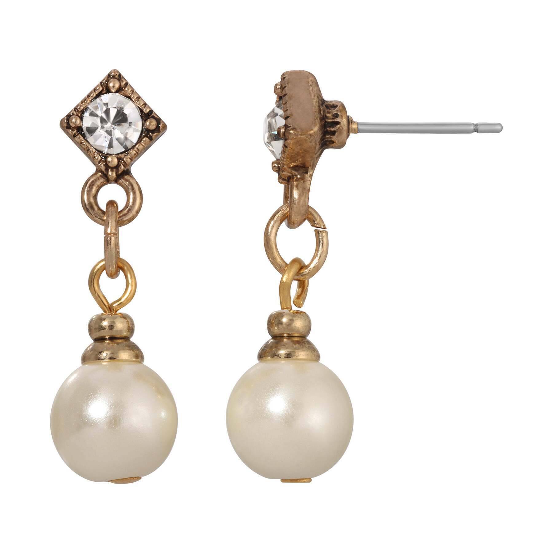 1928 Classic Faux Pearl Drop Earrings with Crystal Accents - Vintage Style Dangle Earrings for Women, Perfect for Weddings, Parties & Evening Events