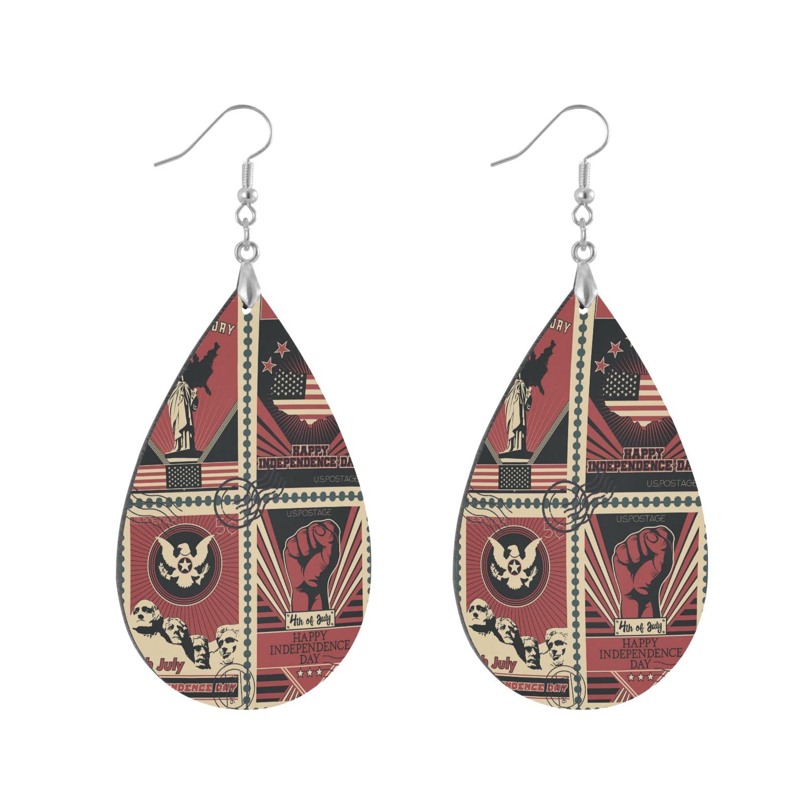 Vintage Teardrop Earrings for Women - Lightweight Wooden Dangle Earrings with Independence Day Stamp Design | Statement Jewelry Gift for Her | Perfect for 4th of July, Parties, and Everyday Wear