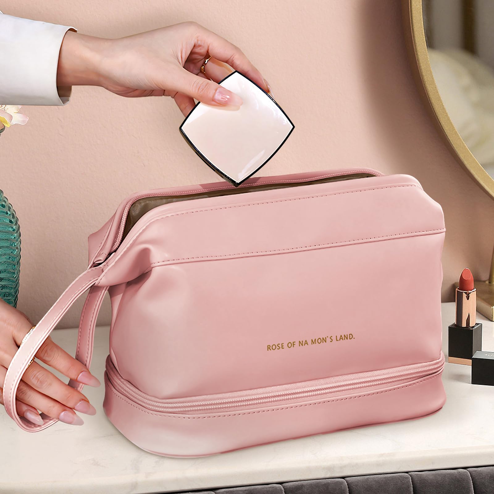 Women's Travel Cosmetic Bag - Double Layer Leather Makeup Organizer with Brush Compartments | Large Pink Toiletry Bag for Girls | Perfect for Air Travel, Vacation & Gym Essentials
