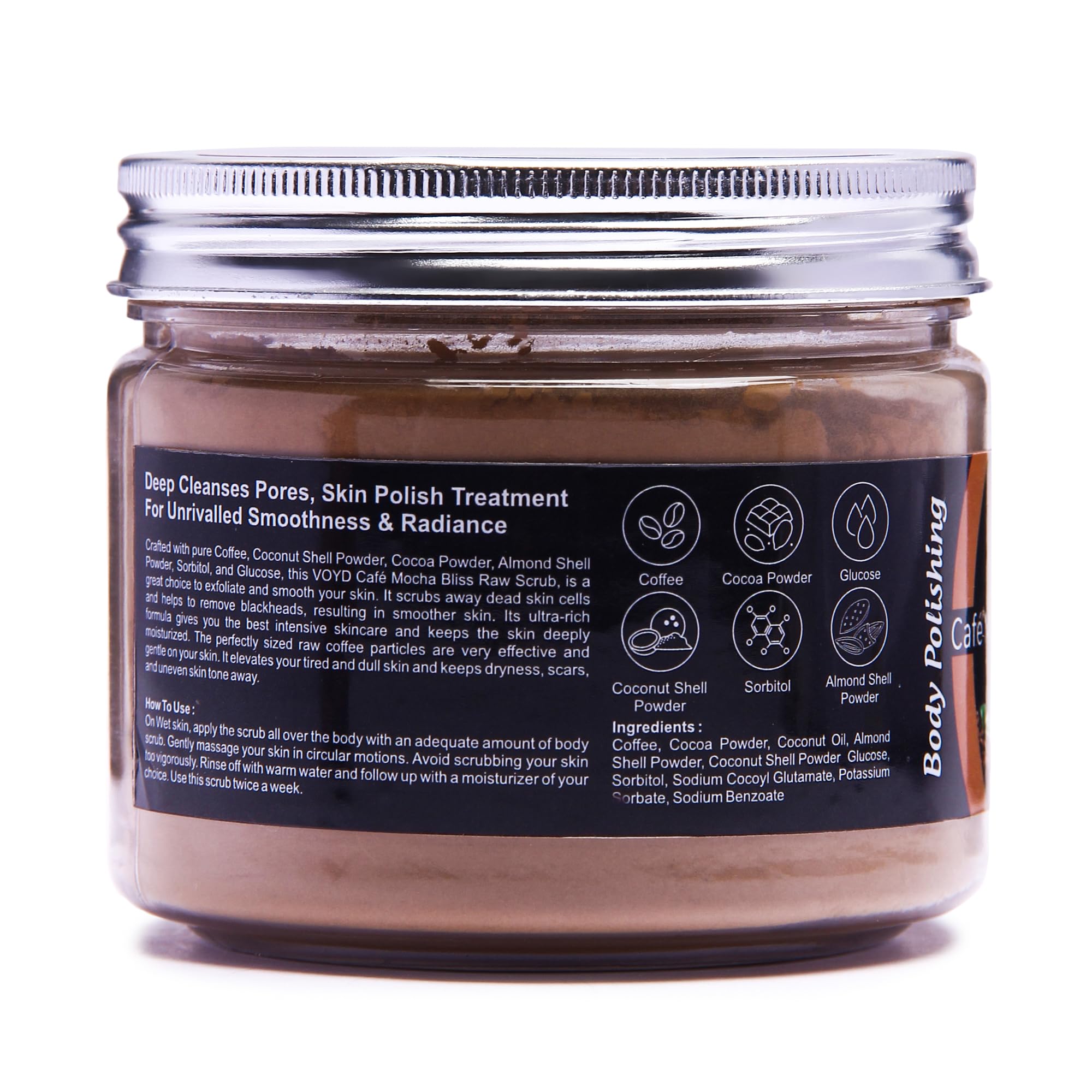 Organic VOYD Raw Coffee & Cocoa Body Scrub - Natural Exfoliator for Smooth, Glowing Skin | Paraben & Silicone Free Tan Removal Scrub for Men & Women | Includes Wooden Scoop (150g) | Perfect for Spa Day, Post-Workout Refresh & At-Home Skincare Routine
