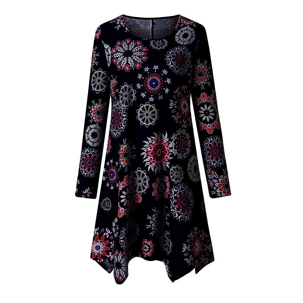 Women's Floral Print Round Neck Summer & Autumn Dresses - Casual Flowy Maxi Dress for Beach, Vacation, and Everyday Wear