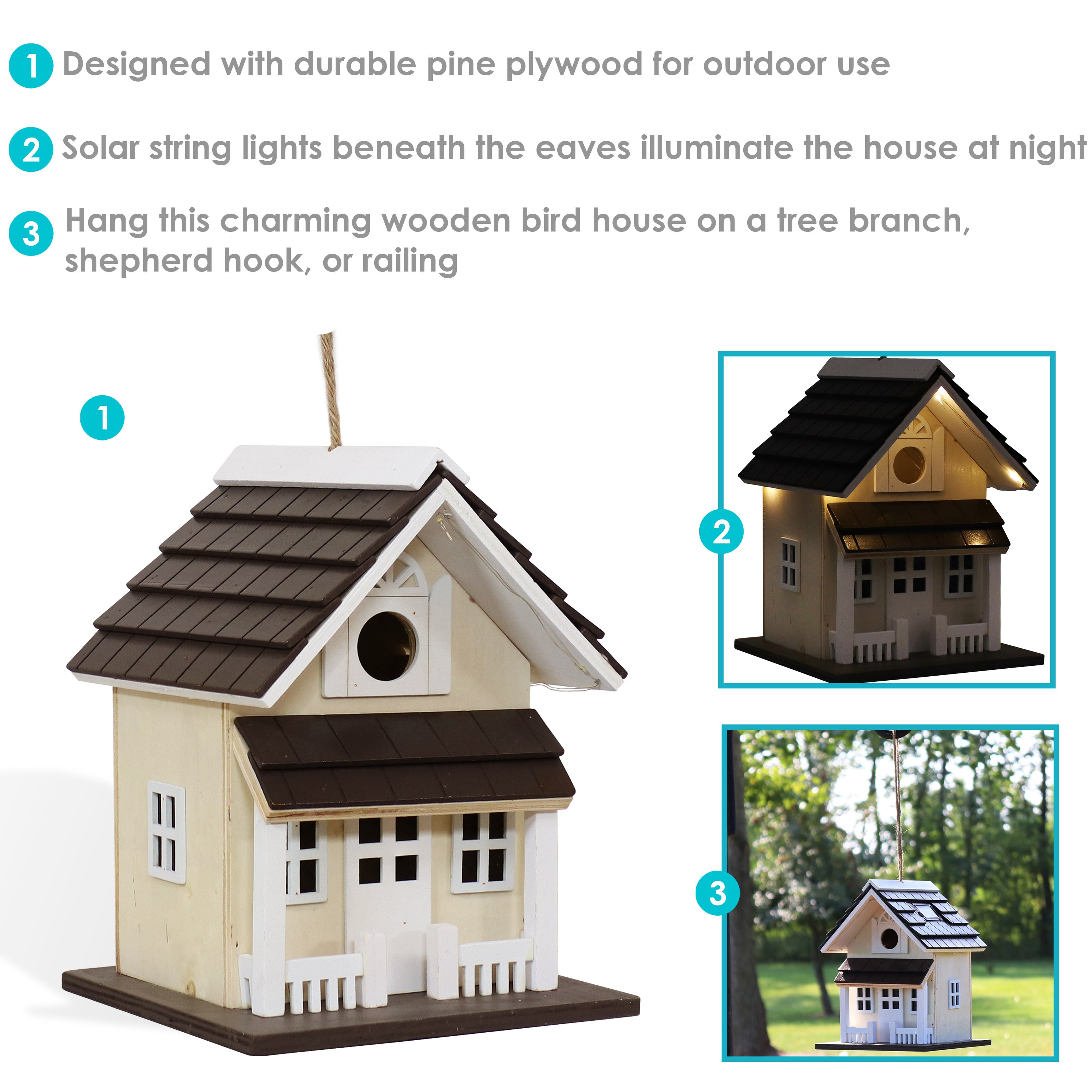 Sunnydaze Solar Powered LED Hanging Bird House - Weatherproof Wooden Outdoor Decor for Garden, Patio, and Backyard - Attracts Birds with Cozy Home Design