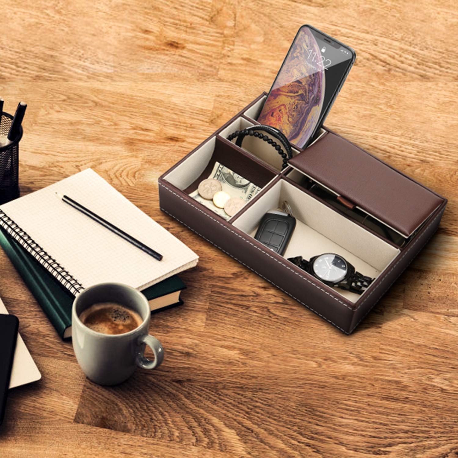 Premium Leather Valet Tray Organizer - 5 Compartment Dresser Top Box for Jewelry, Watches & EDC Essentials - Perfect Nightstand Organizer for Men & Women - Ideal for Bedroom, Bathroom & Travel Use