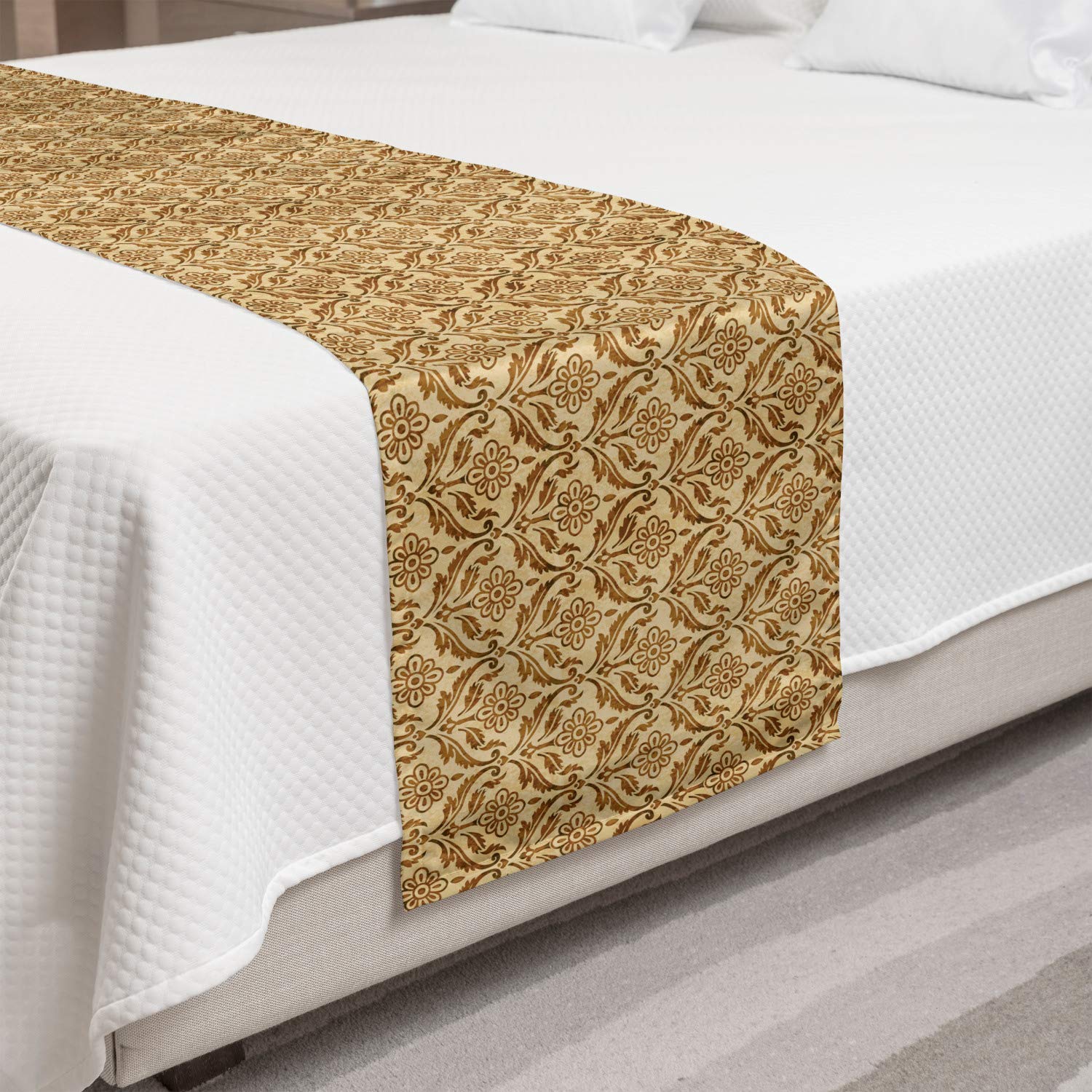Ambesonne Vintage Bed Runner - Antique Floral Print with Curvy Leaves & Daisies, Decorative Bed Scarf for Hotels, Homes & Guest Rooms in Tan & Caramel | Perfect for Bedroom Decor, Wedding Accents & Cozy Home Styling
