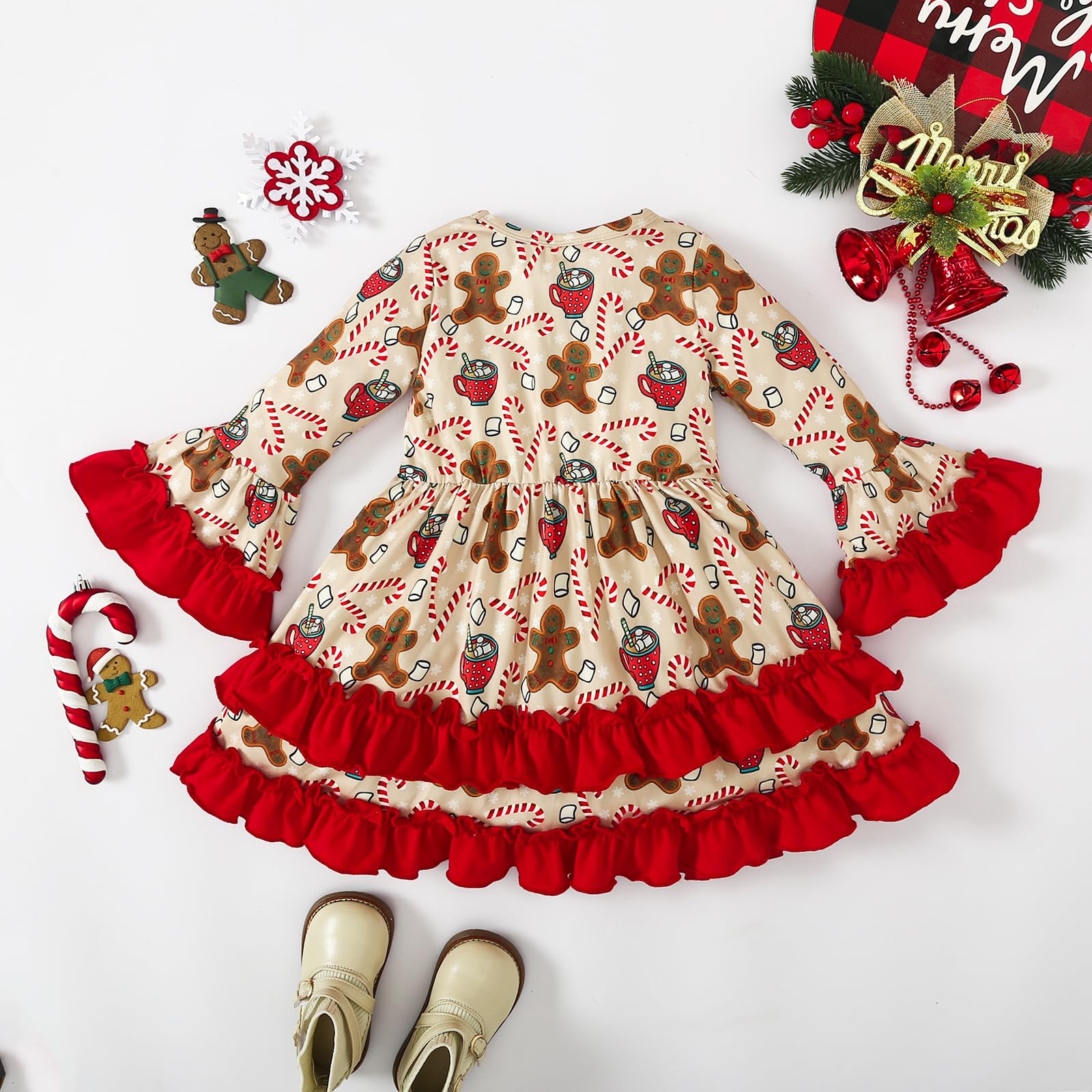 Gingerbread Man Christmas Dress for Toddler Girls - Flared Sleeve Ruffled Holiday Dress with Candy Cane Print | Perfect for Xmas Parties, Family Photos & Holiday Events