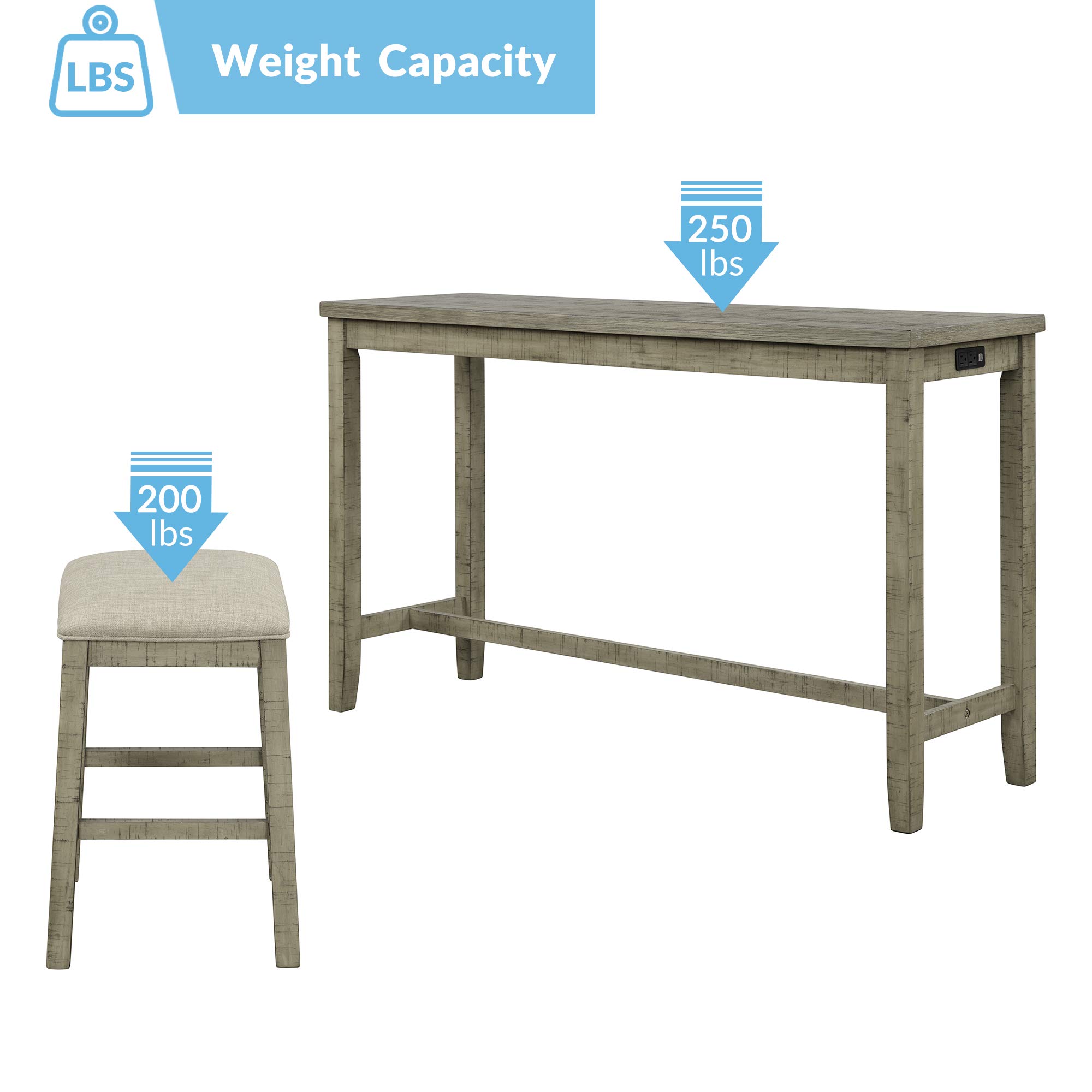 Quarte 4-Piece Rustic Wood Counter Height Bar Table Set with Fabric Padded Stools & Socket, Multipurpose Dining Room Furniture for Kitchen, Living Room, and Small Spaces