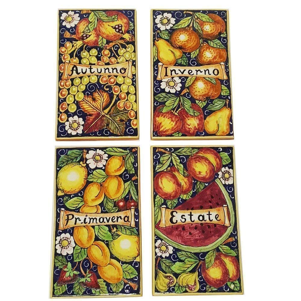 Hand-Painted Italian Ceramic Art Set - Tuscan Decorative Tile Pottery with 4 Seasons Fruit Design | Made in Italy | Perfect for Kitchen Decor, Dining Table Centerpiece & Gift Giving