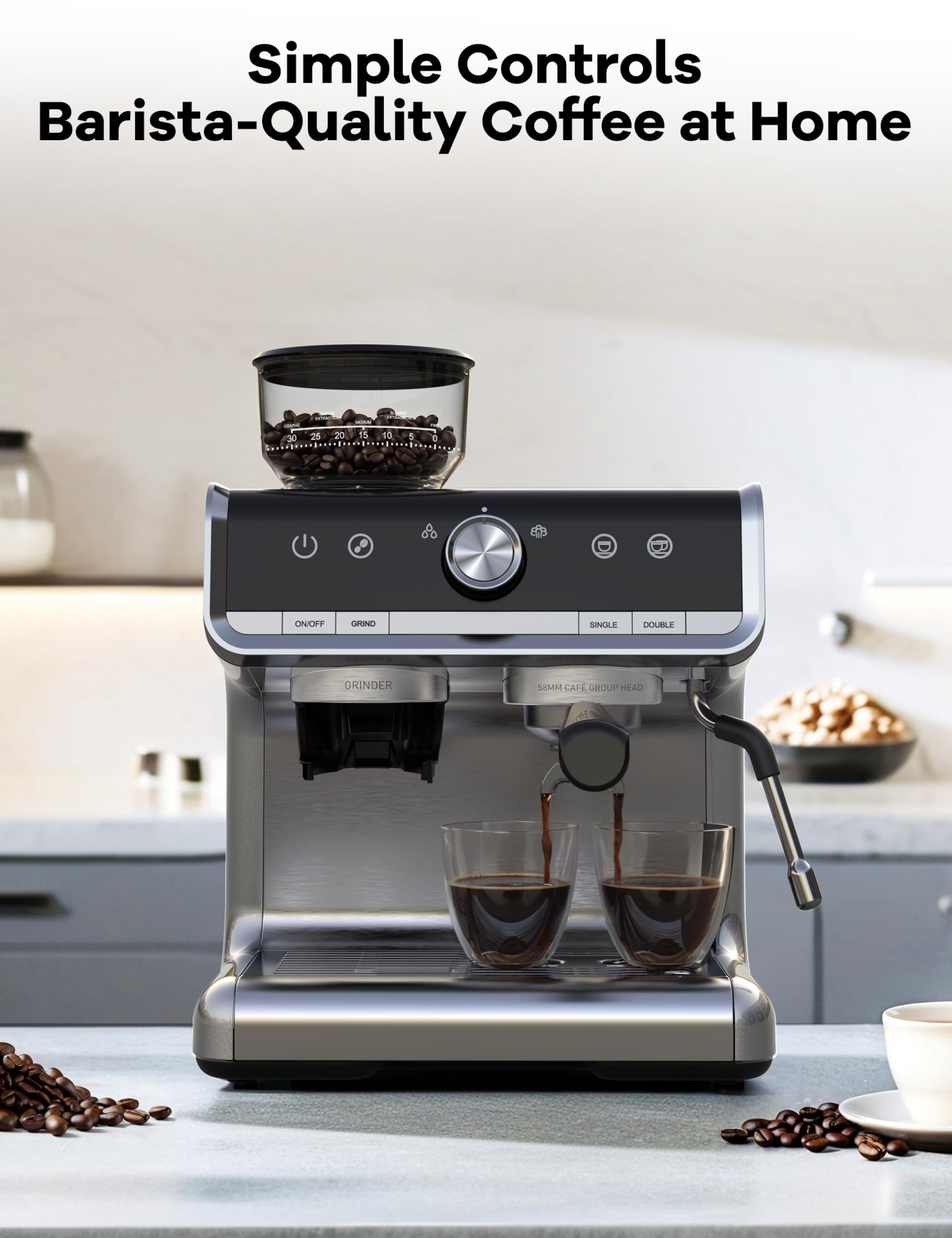 Premium 20 Bar Semi-Automatic Espresso Machine with Built-in Grinder & Milk Frother - PID Temperature Control, 95oz Water Tank - Perfect for Cappuccino, Latte & Macchiato - Ideal for Home Baristas & Coffee Enthusiasts (Light Gray)