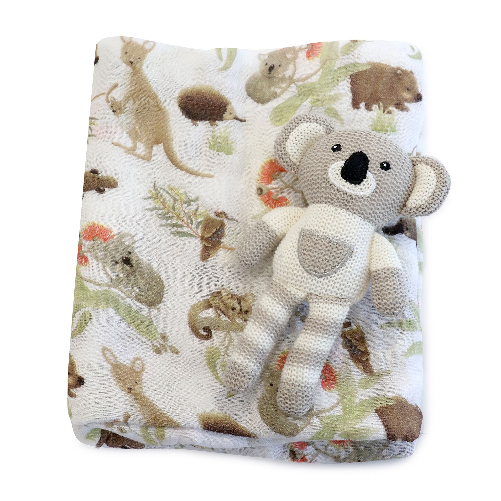 Aussie Animals Koala Muslin Swaddle Blanket & Knit Rattle Toy Gift Set for Newborns - Soft Baby Wrap & Crib Nursery Essentials for Shower, Photography & Travel