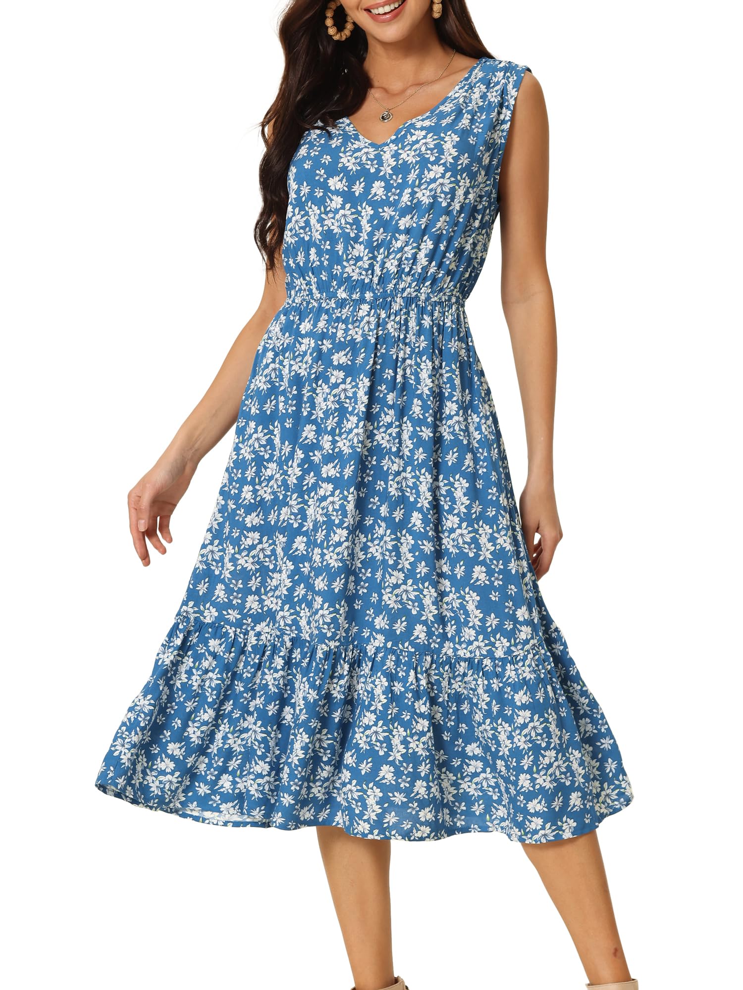 Women's Summer Dresses 2025 - Floral V-Neck Sleeveless Sundress with Pockets | Flowy Midi Beach Dress for Vacation, Outdoor Parties & Casual Wear
