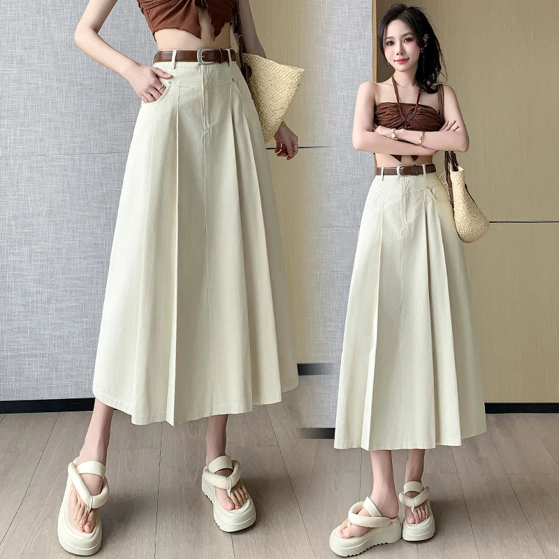 2024 Women's Black & Beige Denim Long Skirt - High Waist Pleated A-Line Umbrella Jean Skirt for Spring Summer | Office Wear, Casual Outfits & Date Night Fashion