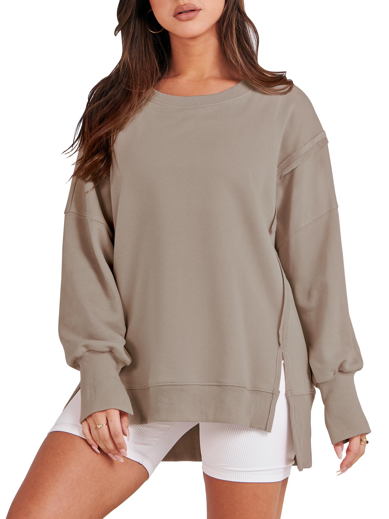 ANRABESS Women's Oversized Sweatshirt - Crew Neck Long Sleeve Casual Loose Fit Slit Tunic Top for Fall 2025 | Cozy Lounge Wear, Street Style Fashion, Layering Essential
