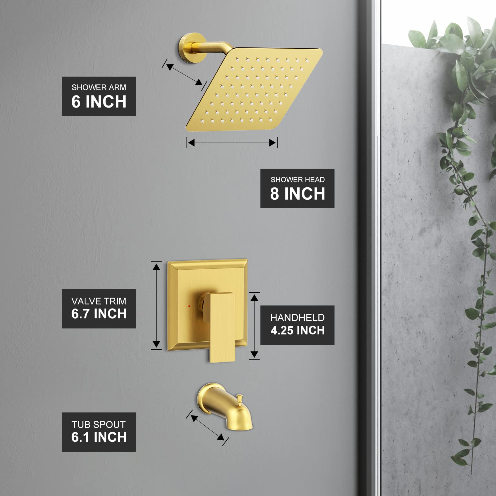 SunCleanse 8-Inch Rain Shower Head with Tub Spout - Brushed Gold Shower Faucet Set Including Valve - Complete Bathroom Shower System for Luxurious Spa Experience