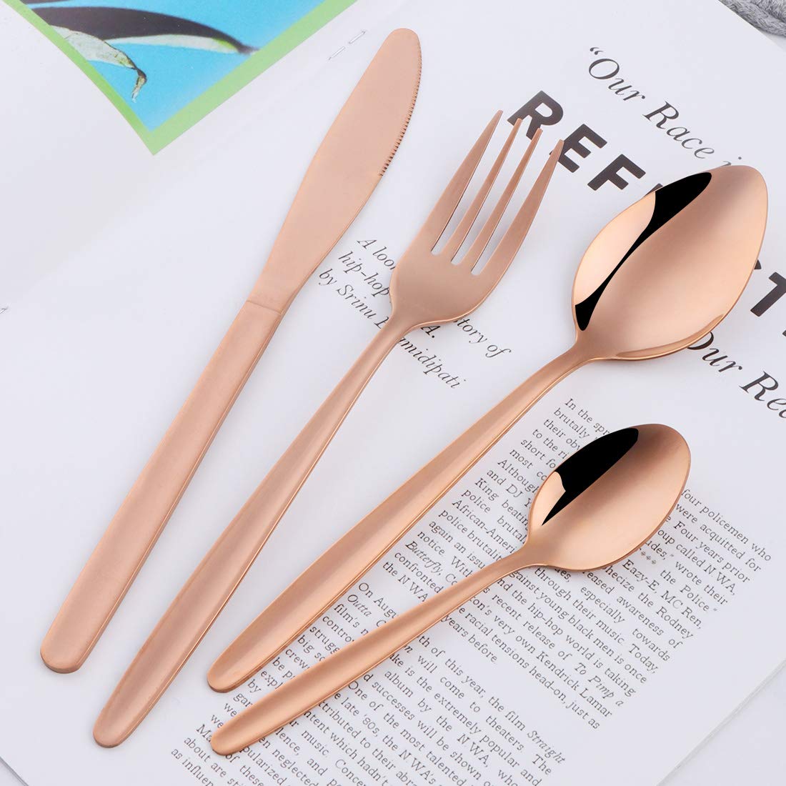 BuyGo 24-Piece Stainless Steel Rose Gold Silverware Set - Elegant Flatware Dinnerware for 6 People | Hand-Polished & Dishwasher Safe | Perfect for Camping, Picnics & Outdoor Dining