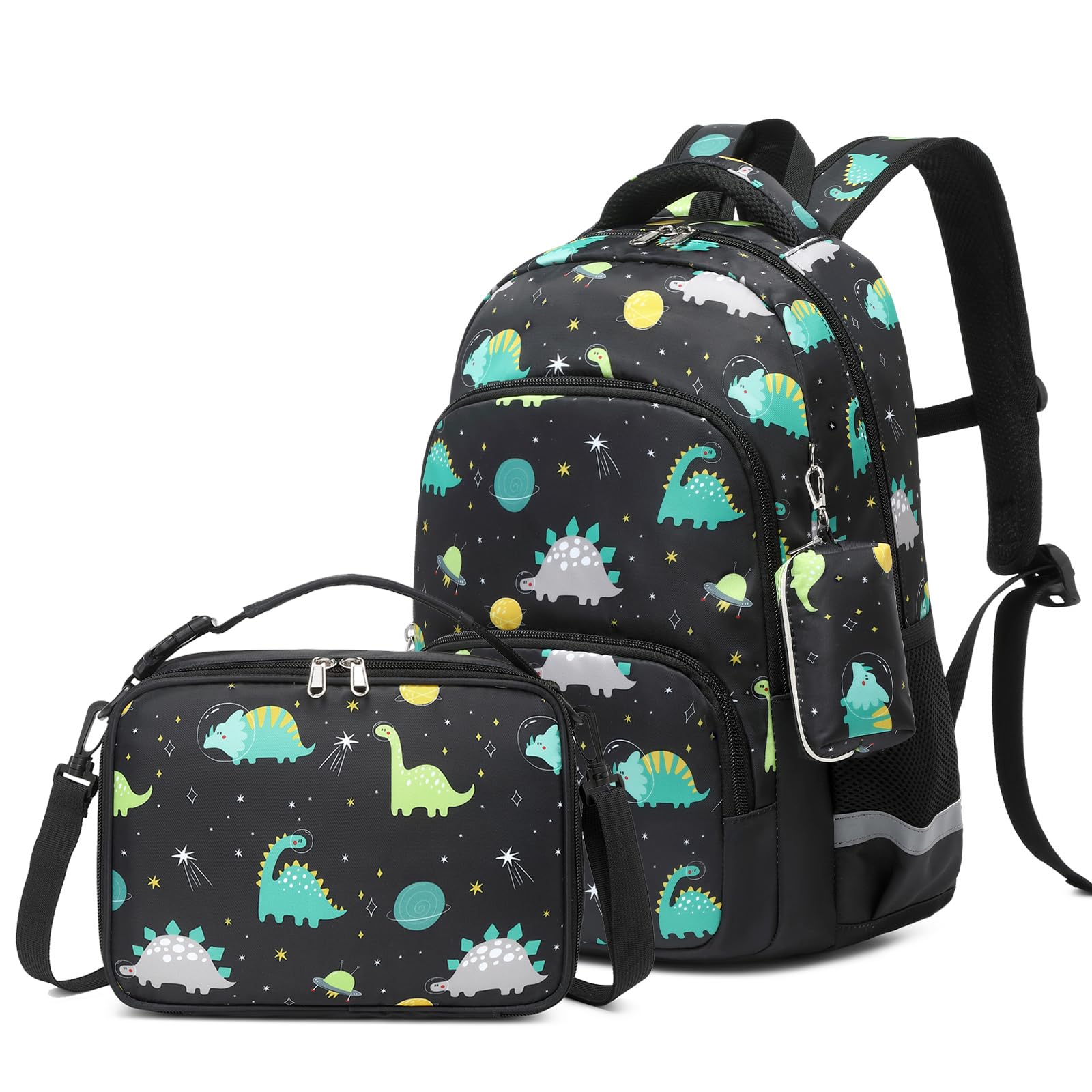 Durable School Backpack for Boys - Kids Bookbag with Insulated Lunch Bag & Coin Pouch - Black Dinosaur Design - Perfect for Elementary Students, Day Trips & Outdoor Adventures