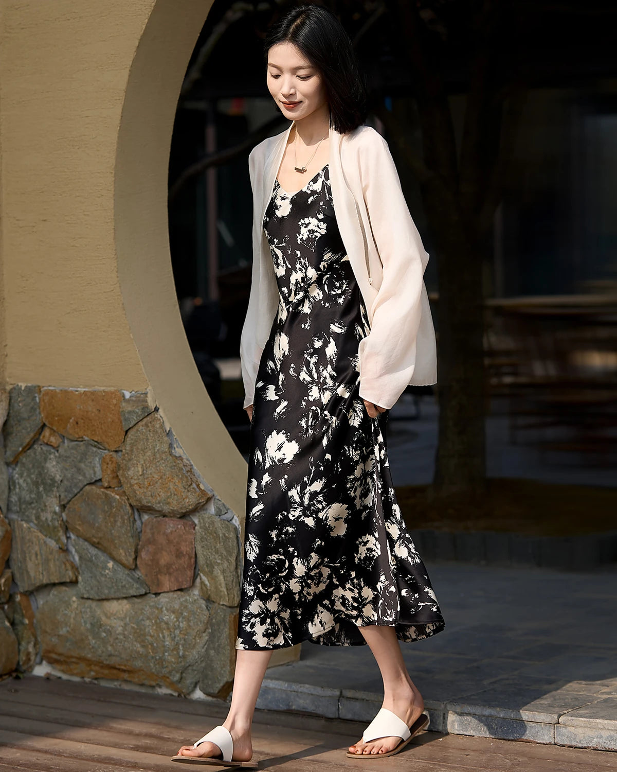 Elegant Black and White Floral Silk Dress for Women - Perfect for Weddings, Parties & Summer Outfits