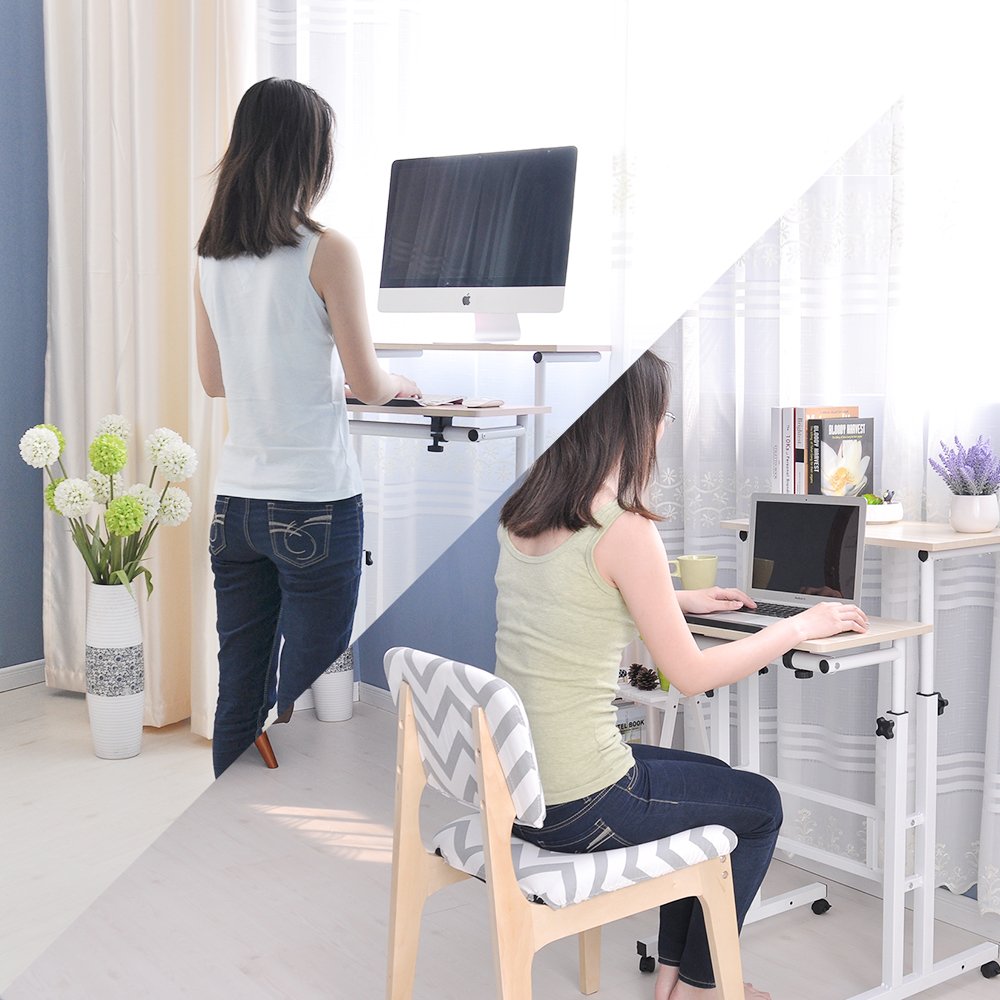 Adjustable Height Mobile Standing Desk with Wheels - Portable Sit Stand Workstation for Home Office, White Maple - Perfect for Small Spaces & Remote Work