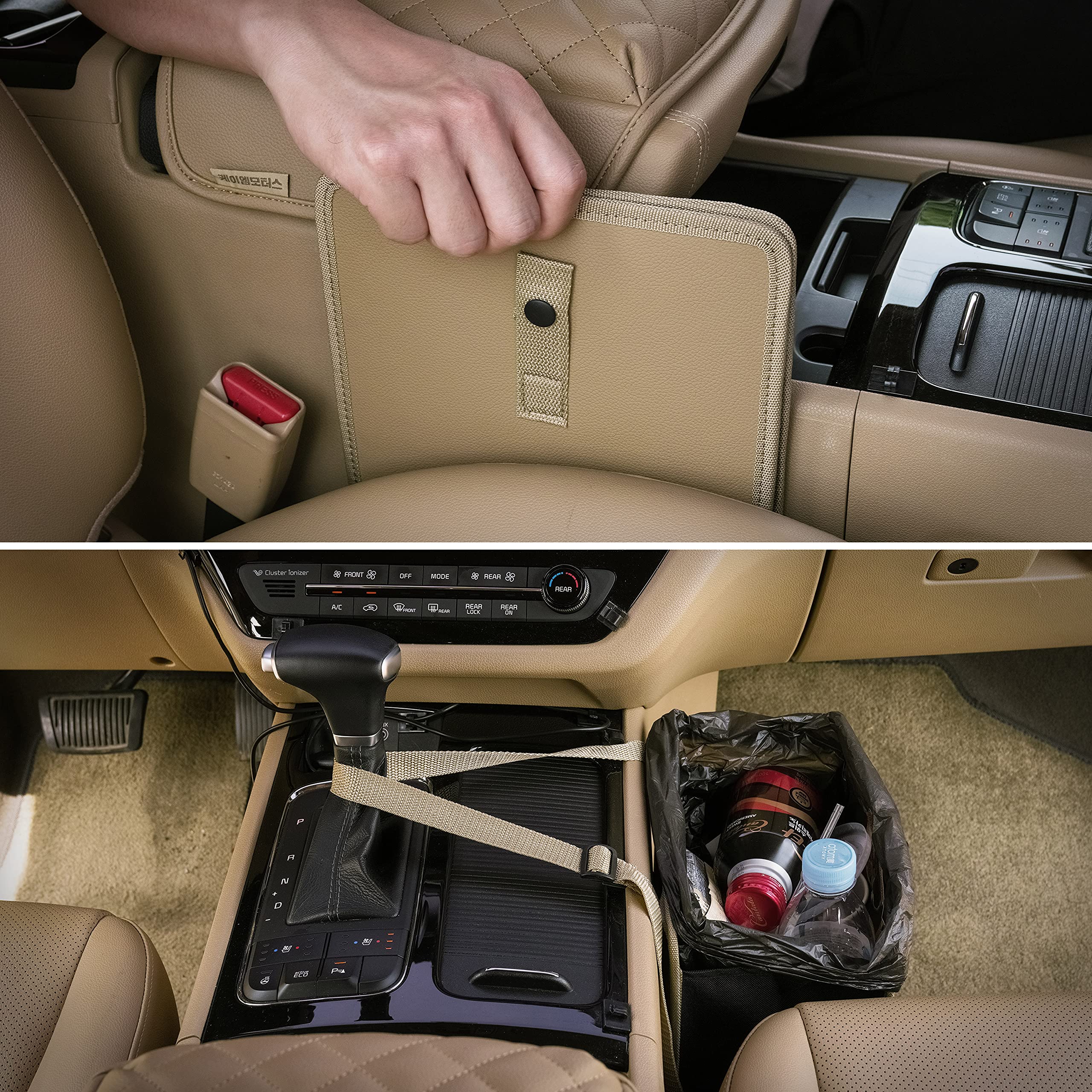 Foldable Hanging Car Trash Can - Vegan Leather & Oxford Fabric Car Garbage Bin - Medium Beige Car Organizer for Sedans, SUVs & Trucks - Perfect for Road Trips, Commuting & Family Travel