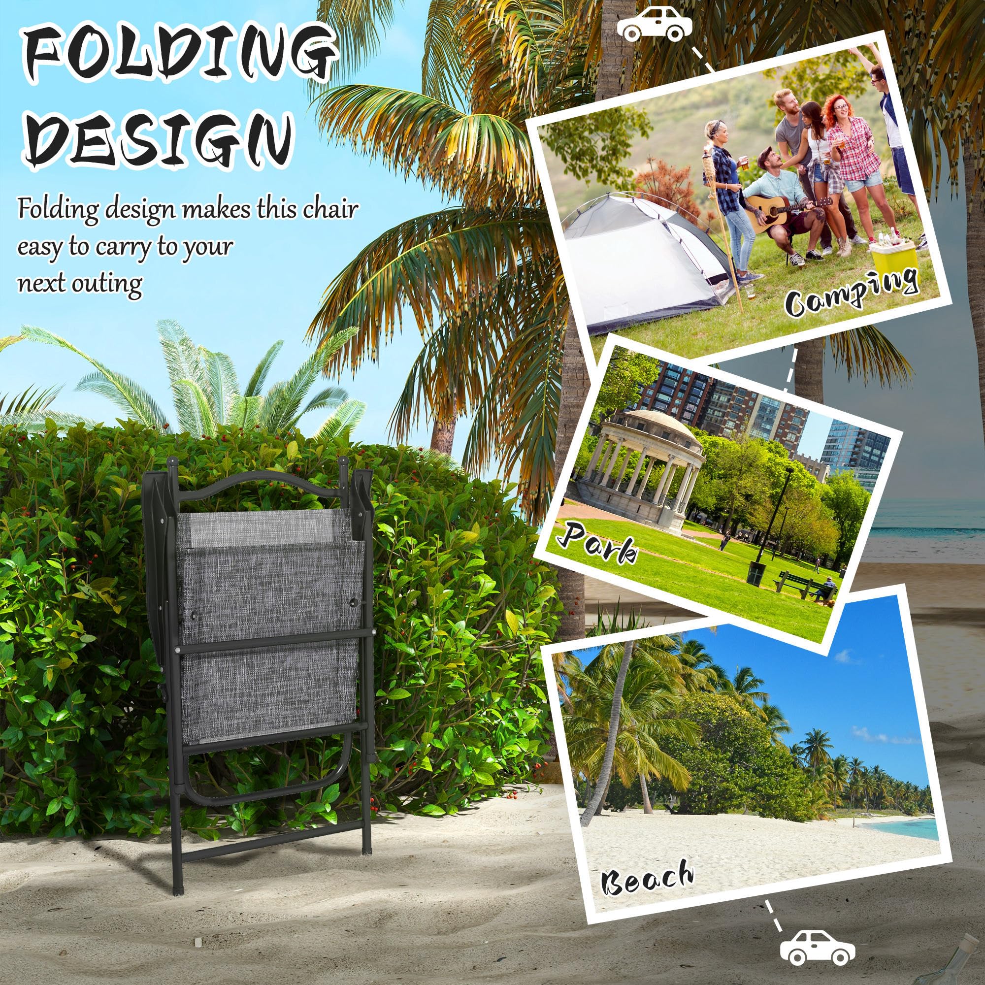 Outsunny 4-Pack Folding Patio Chairs with Armrests - Breathable Mesh Camping Chairs for Adults, Outdoor Lawn, Beach, Picnic & Sports Events - Gray Portable Lounge Chairs