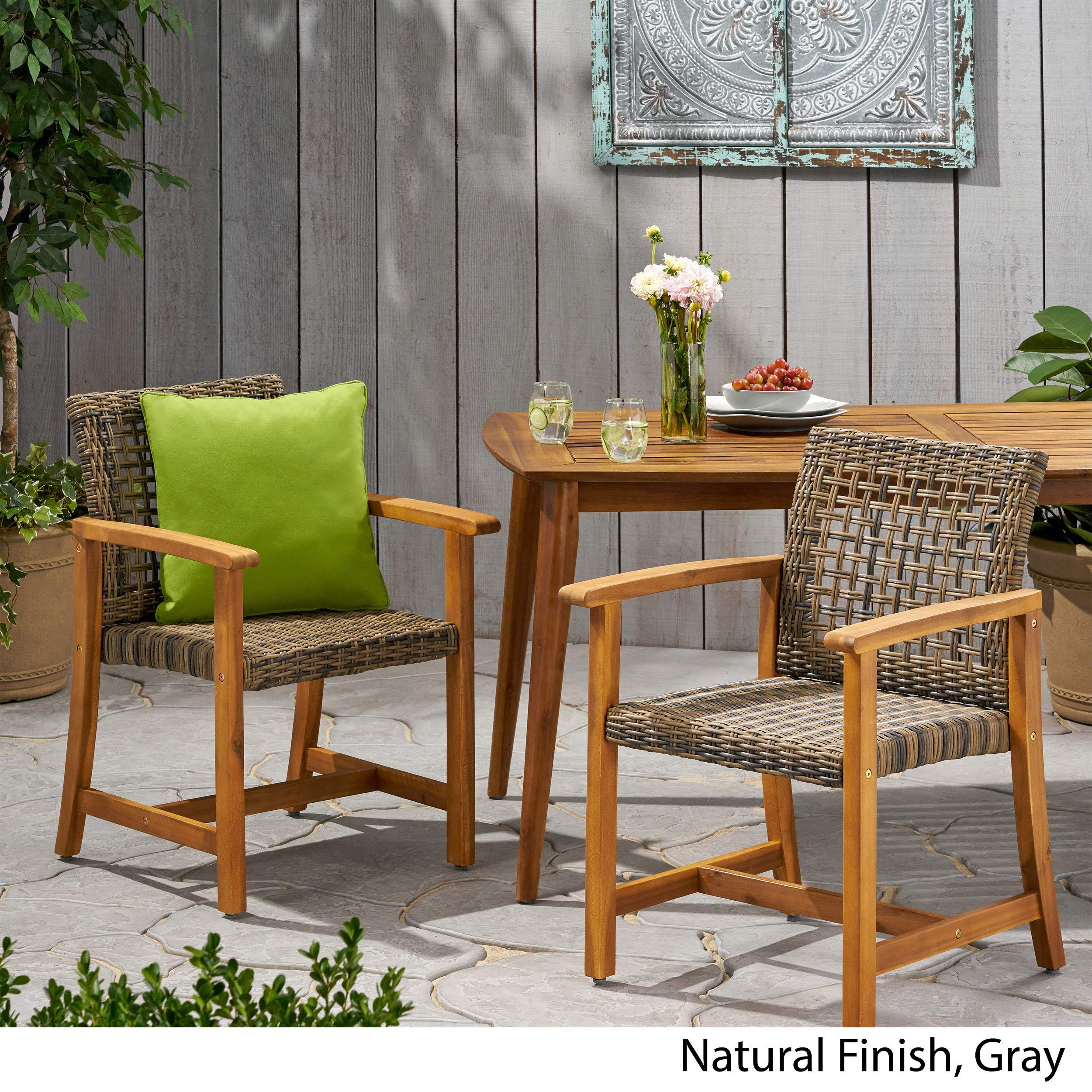 Premium Acacia Wood & Wicker Outdoor Dining Chairs (Set of 2) - Natural & Gray - Weather-Resistant Patio Furniture for Garden, Poolside & Backyard Dining