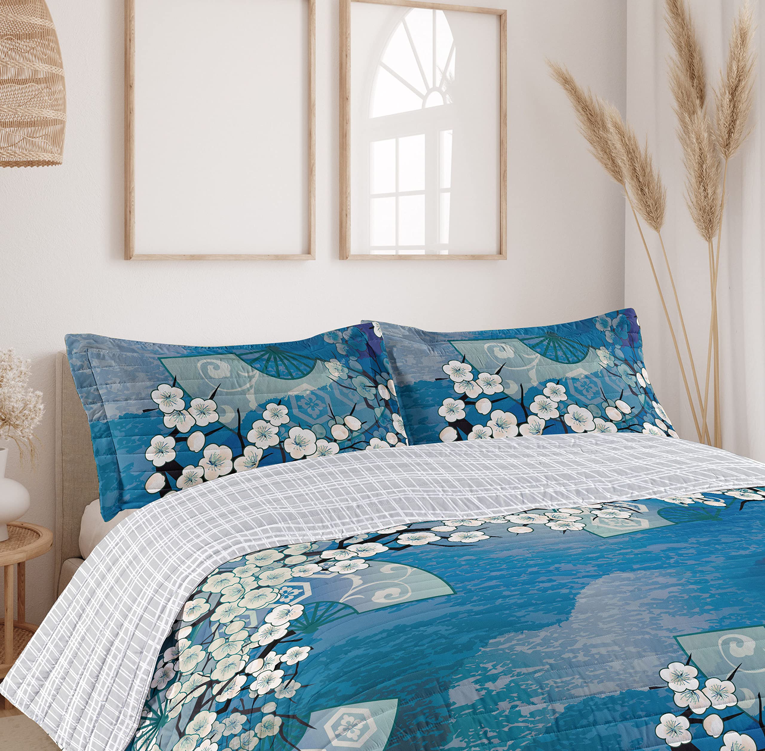 Ambesonne Reversible King Size Bedspread Set - Japanese Cherry Blossom Sakura Tree Design, Microfiber Comforter with Pillow Shams, Sky Blue | Spring Floral Bedding for Master Bedroom, Guest Room Decor