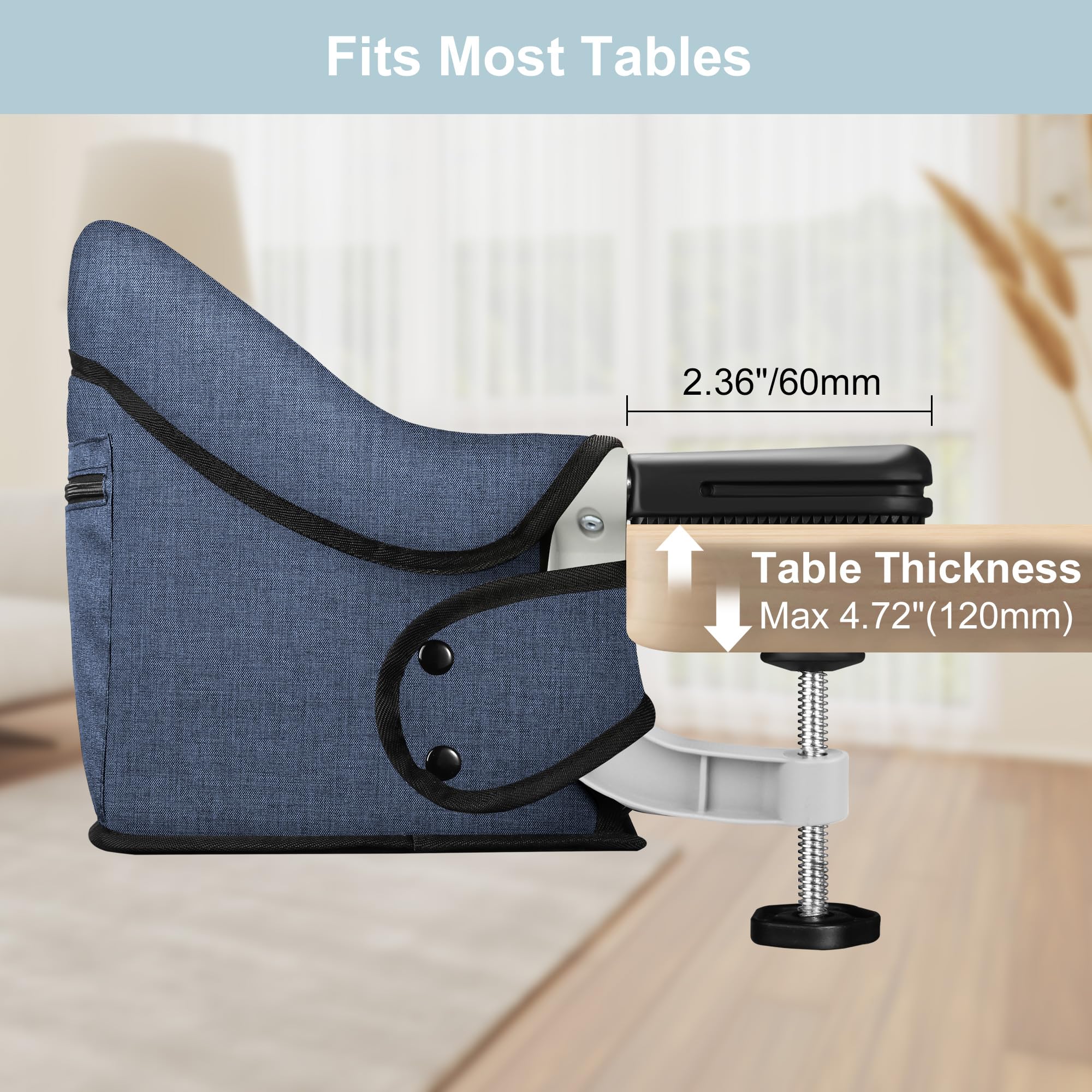 Jozzve Hook On High Chair - Portable & Foldable Baby Feeding Seat with Storage Bag for Home & Travel - Navy | Ideal for Dining, Outdoor Picnics & Restaurant Use