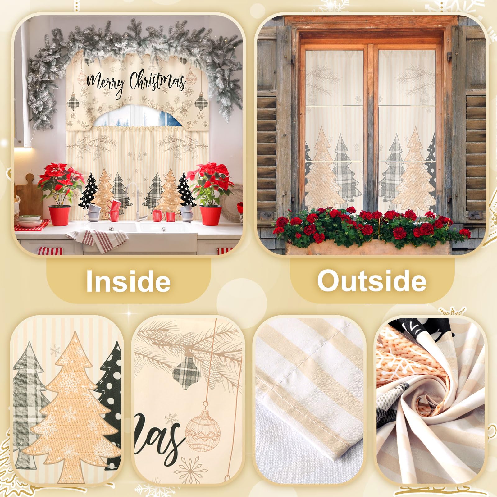 Ganeen 3-Piece Christmas Kitchen Curtain Set - Buffalo Plaid Black & White Polyester Window Tier Curtains with Valance - Farmhouse Holiday Decor for Kitchen Windows, Dining Room, and Christmas Party Decoration