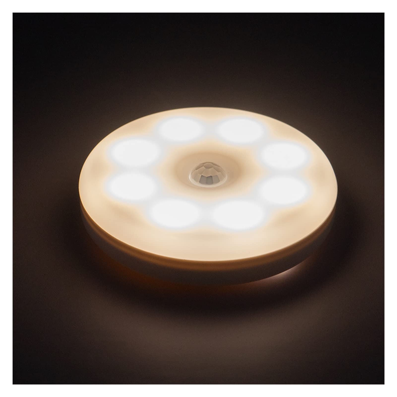 USB Rechargeable 8 LED Motion Sensor Night Lights - Round Under Cabinet Lighting for Kitchen, Bedroom, Closet (10 Pack, Warm White) | Perfect for Nighttime Safety, Baby Nursery & Bathroom Use