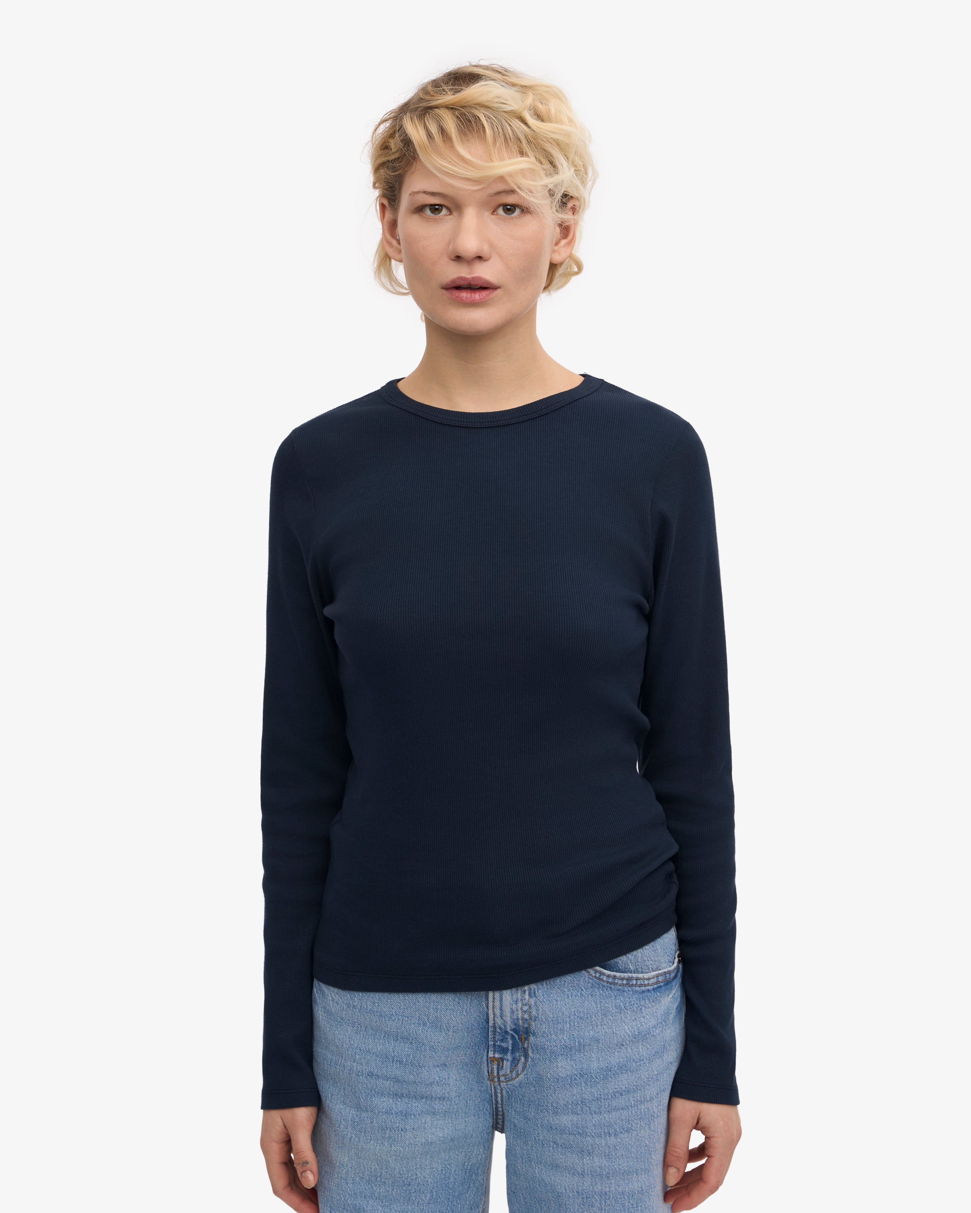 Organic Women's Long Sleeve Ribbed T-Shirt - Navy Blue - Comfortable Casual Wear for Everyday Outfits & Layering