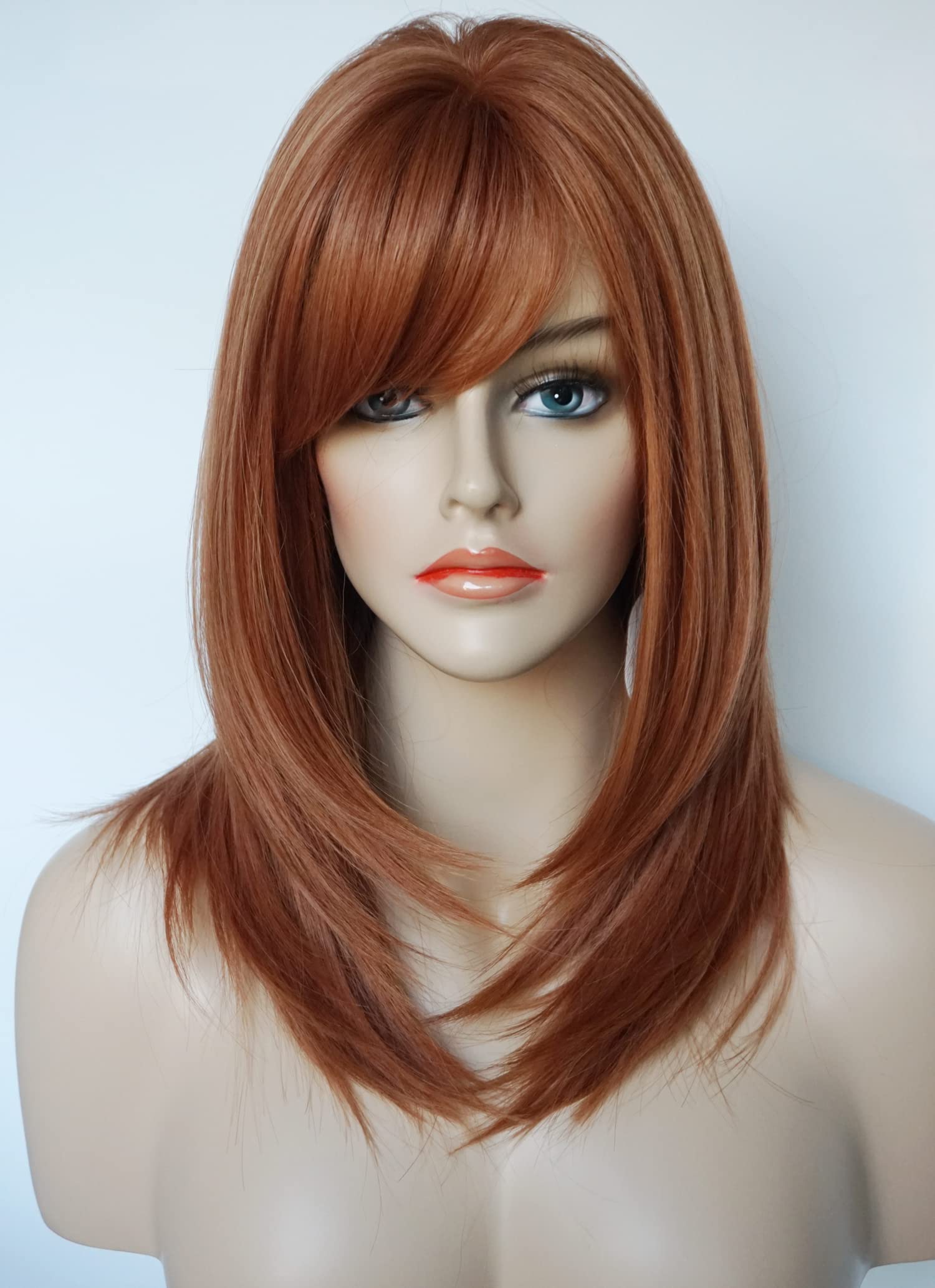 Brown Red Shoulder Length Auburn Wig for Women - Medium Layered Synthetic Wig with Bangs (Copper Red) - Perfect for Cosplay, Halloween, and Daily Fashion