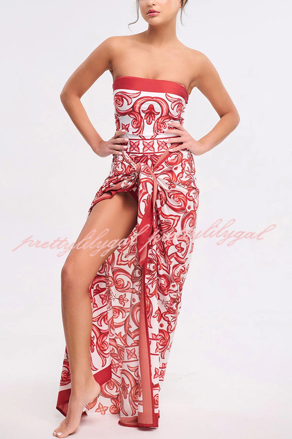 Summer Lovin Unique Royal Print Strapless One Piece Swimsuit with Pareo - Stretchy Bathing Suit for Women, Beach Vacation & Pool Party Outfit