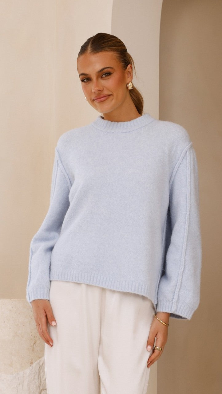 Ally Knit Sweater Women's Blue Crewneck Pullover - Perfect for Fall Fashion & Casual Outfits