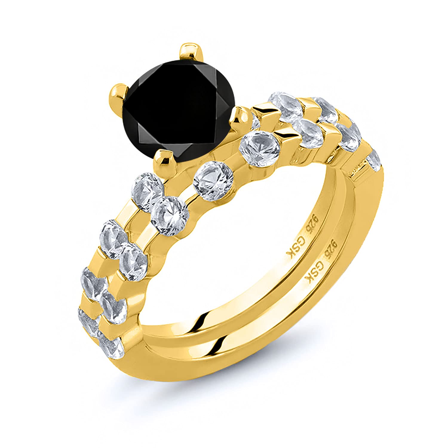 3.16 Ct Round Black Diamond & White Topaz 18K Yellow Gold Plated Silver Ring for Women | Elegant Jewelry Gift for Anniversary, Engagement & Special Occasions