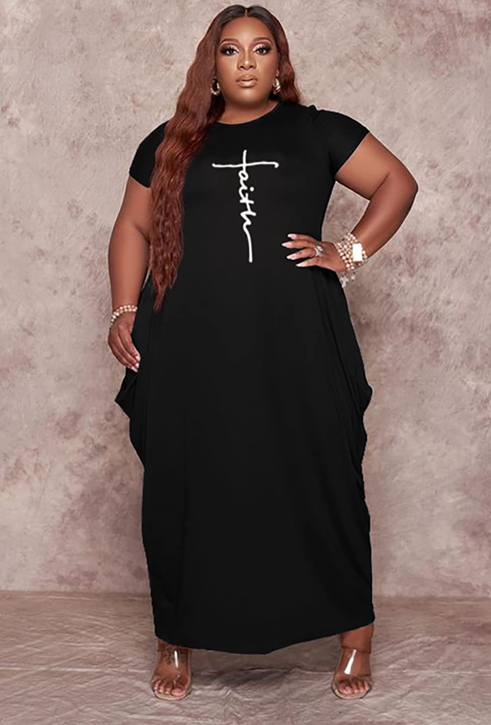 Fooullaide Women's Plus Size Casual Summer Dress - Short Sleeve V-Neck Loose Oversize Flowy Long T-Shirt Dress with Pockets | Perfect for Beach, Vacation & Everyday Wear