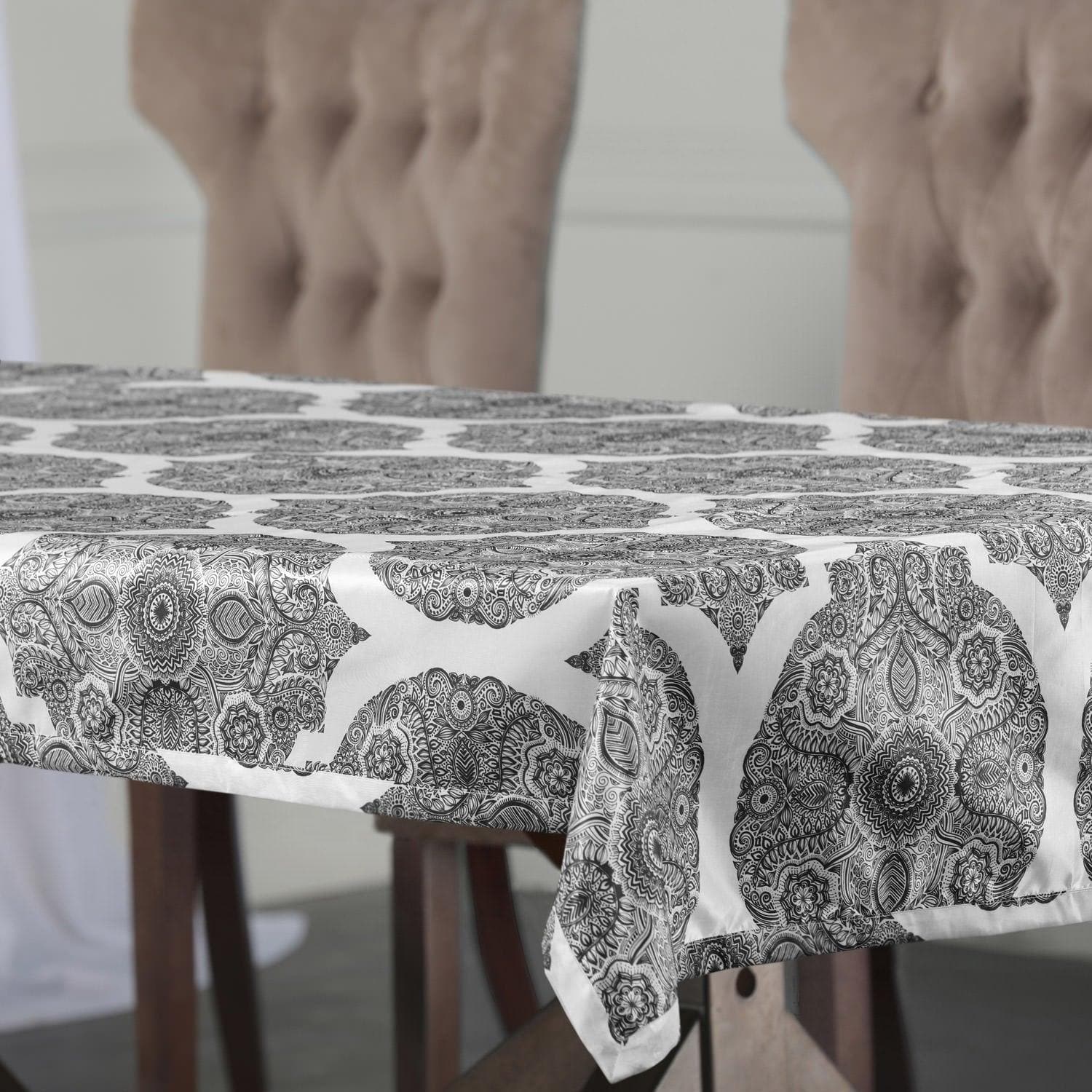 Royal Grey Emblem Designer Faux Silk Taffeta Outdoor Tablecloth - Waterproof & Wrinkle-Resistant Dining Table Cover for Patio, Garden, and Picnic Parties - Elegant Decor for Outdoor Entertaining