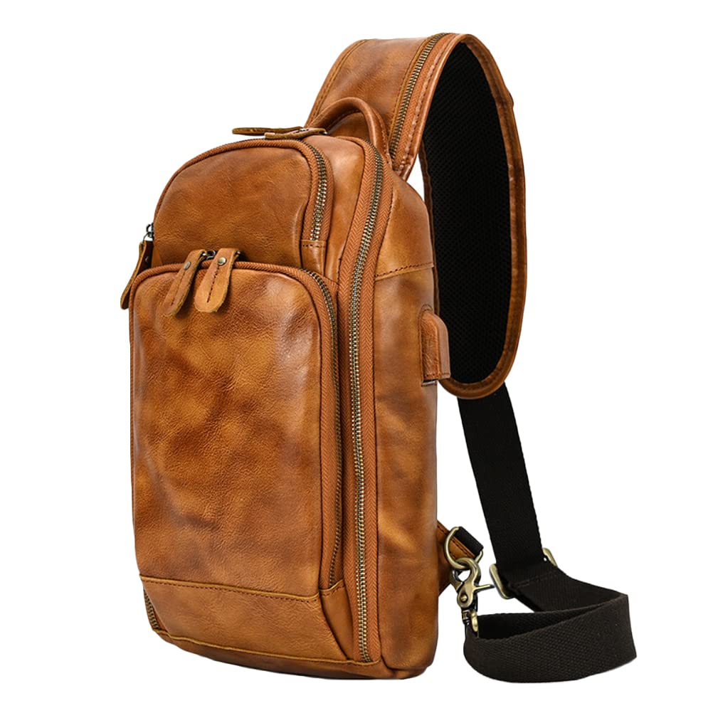 Vintage Leather Messenger Bag for Men - Small Crossbody Sling Bag, Travel Hiking Chest Shoulder Daypack, Fits iPad - Perfect for Work, Commuting & Outdoor Adventures