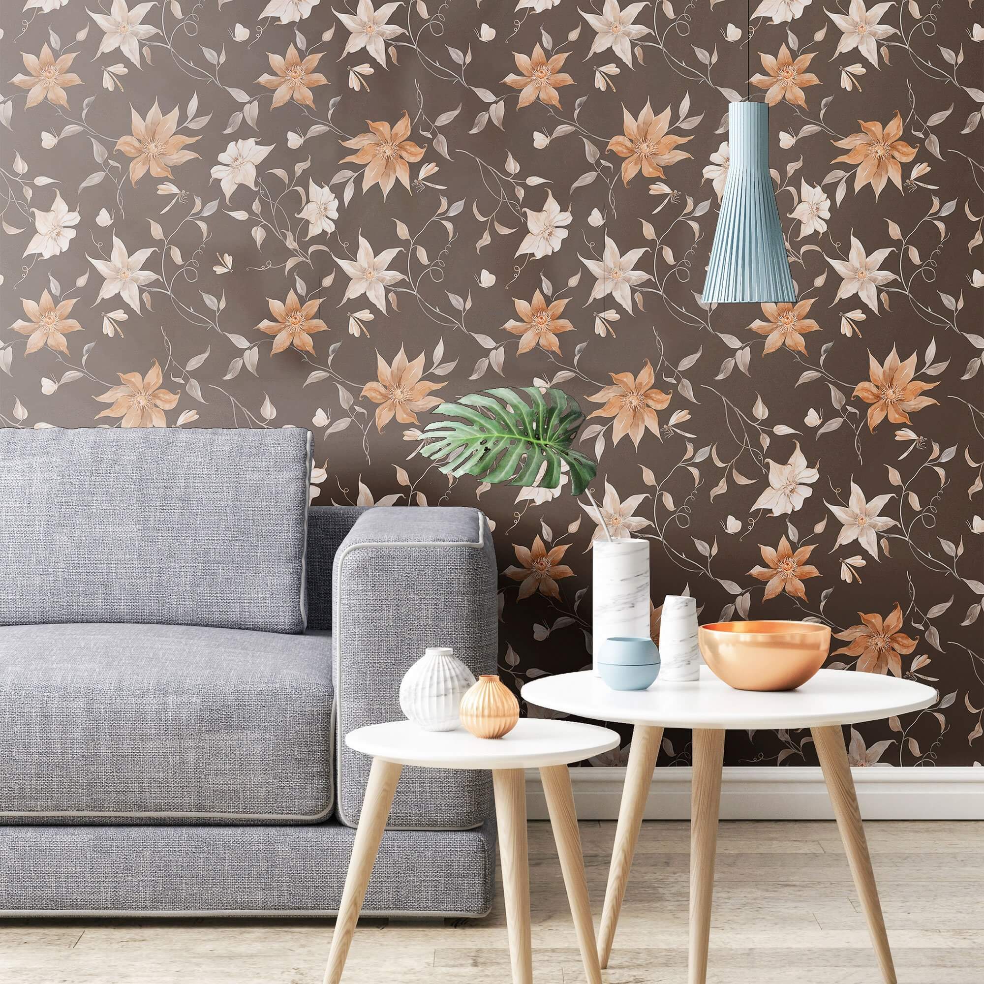 Brown Floral Peel and Stick Removable Wallpaper 7860 - Self-Adhesive Wall Decor for Bedroom, Living Room, Office & Nursery
