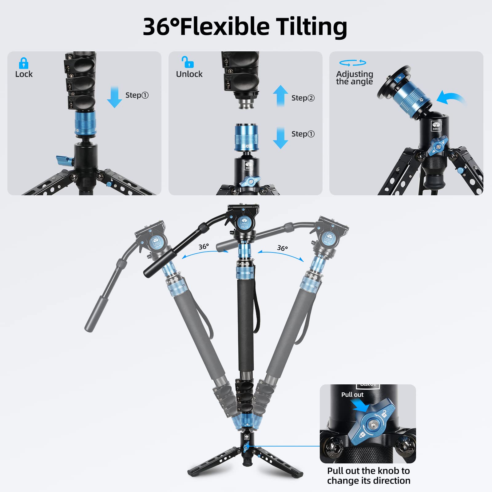 SIRUI P-424FS 169.5cm Carbon Fiber Camera Monopod with Removable Tripod Base & VH-10 Fluid Head - Supports DSLR, Camcorder up to 12kg - Perfect for Travel, Outdoor Photography & Video Shooting
