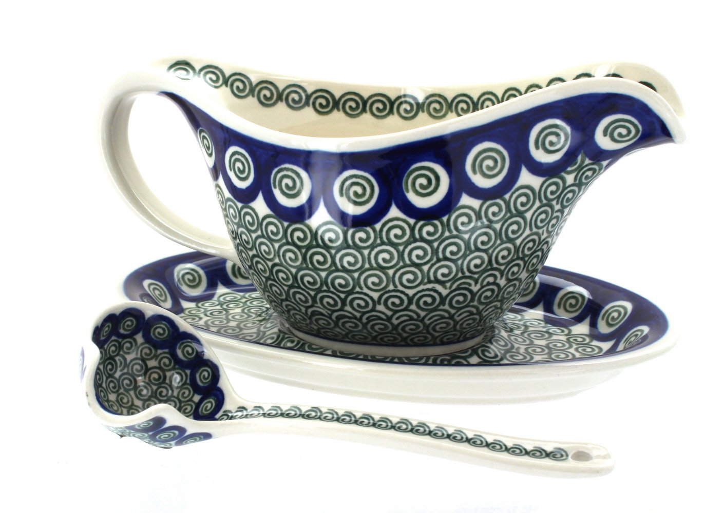 Blue Rose Polish Pottery Peacock Swirl Gravy Boat with Ladle - Elegant Serving Dish for Holiday Dinners, Special Occasions & Fine Dining