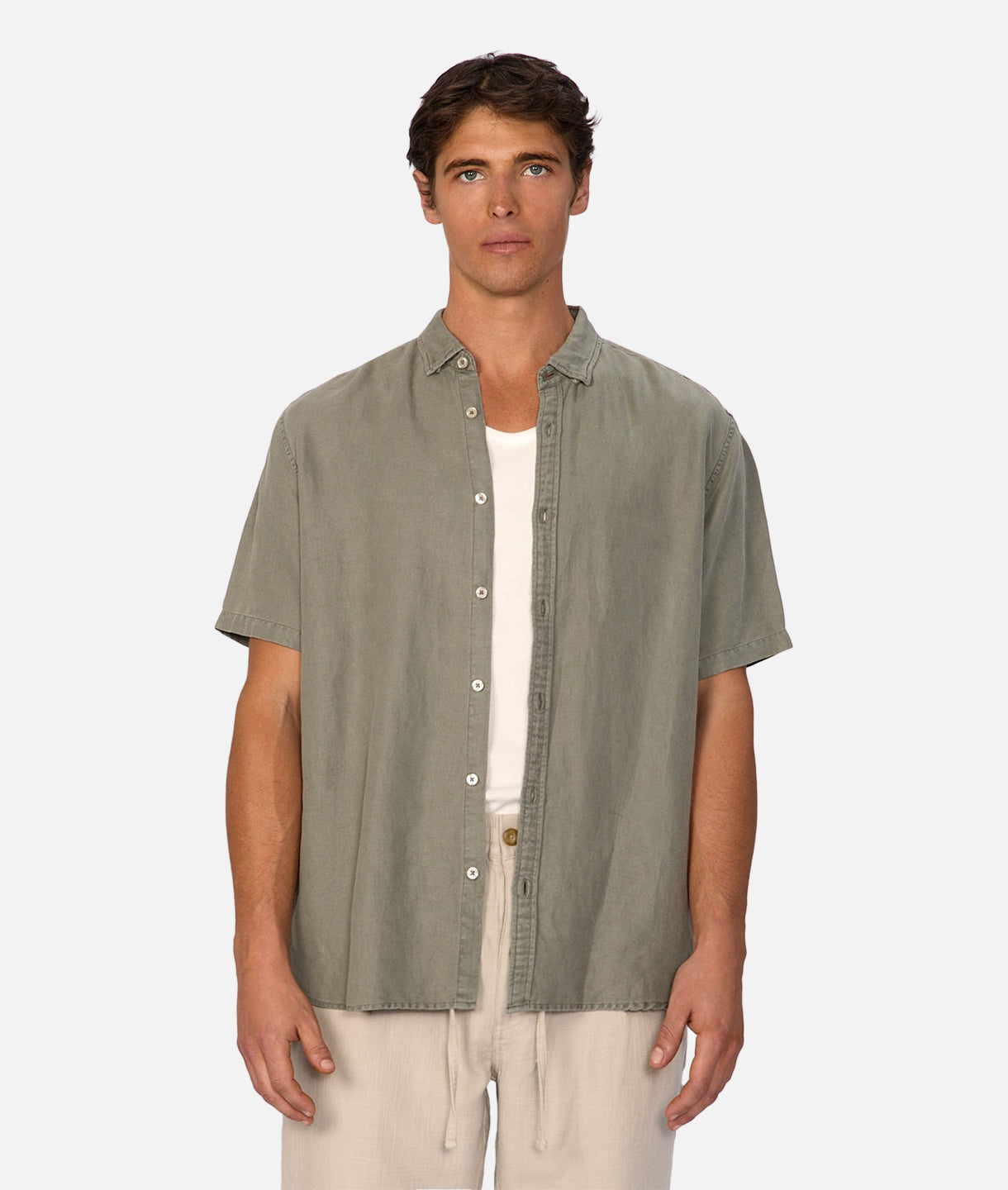 Trinidad Linen Blend Short Sleeve Shirt in Olive Green - Perfect for Casual Outings & Summer Travel