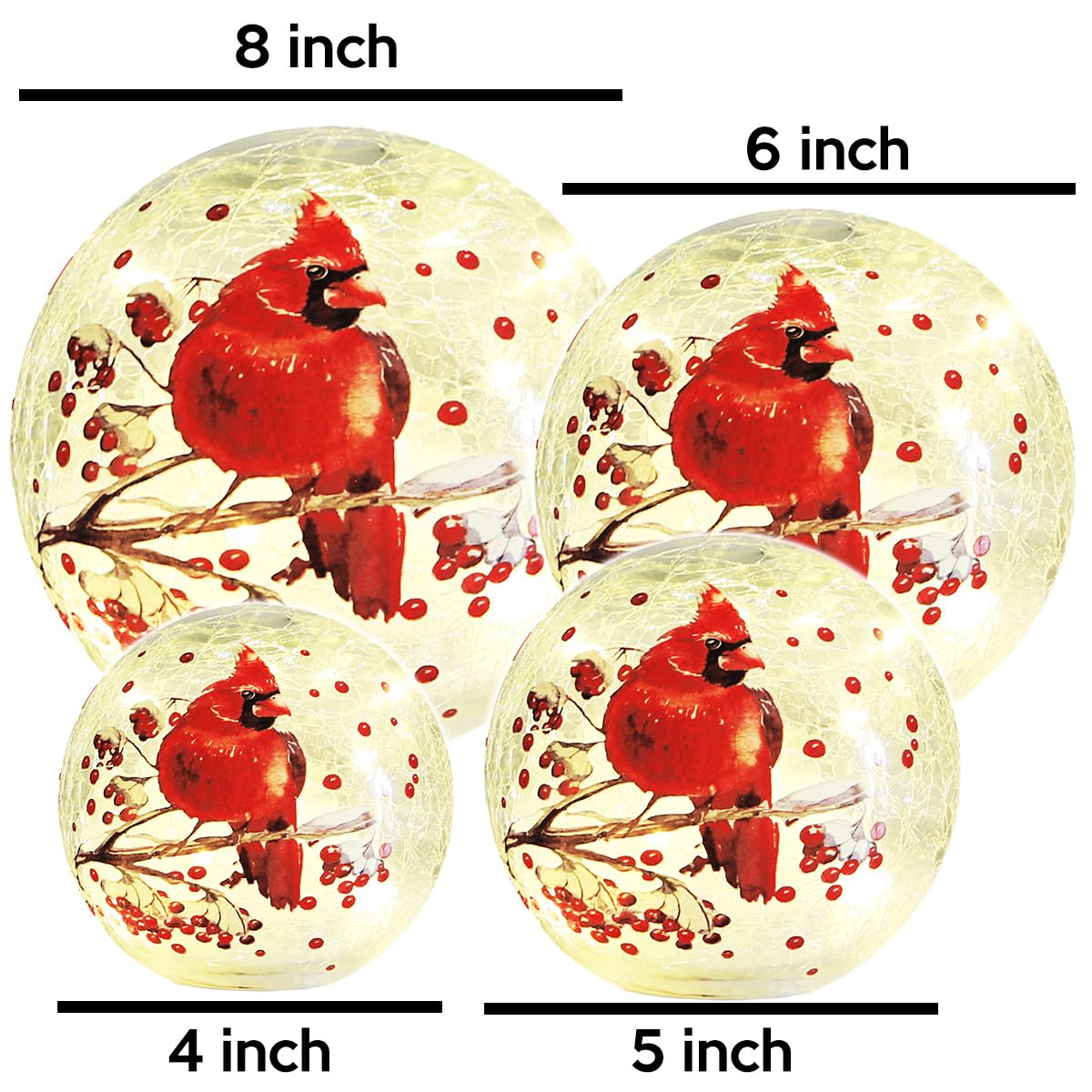 Red Cardinal Crackle Glass Ball Lamp - LED Lighted Stained Glass Table Decor for Christmas, Mother's Day Gifts - Perfect for Holiday Home Decor, Bedroom Night Light & Cozy Living Room Ambience