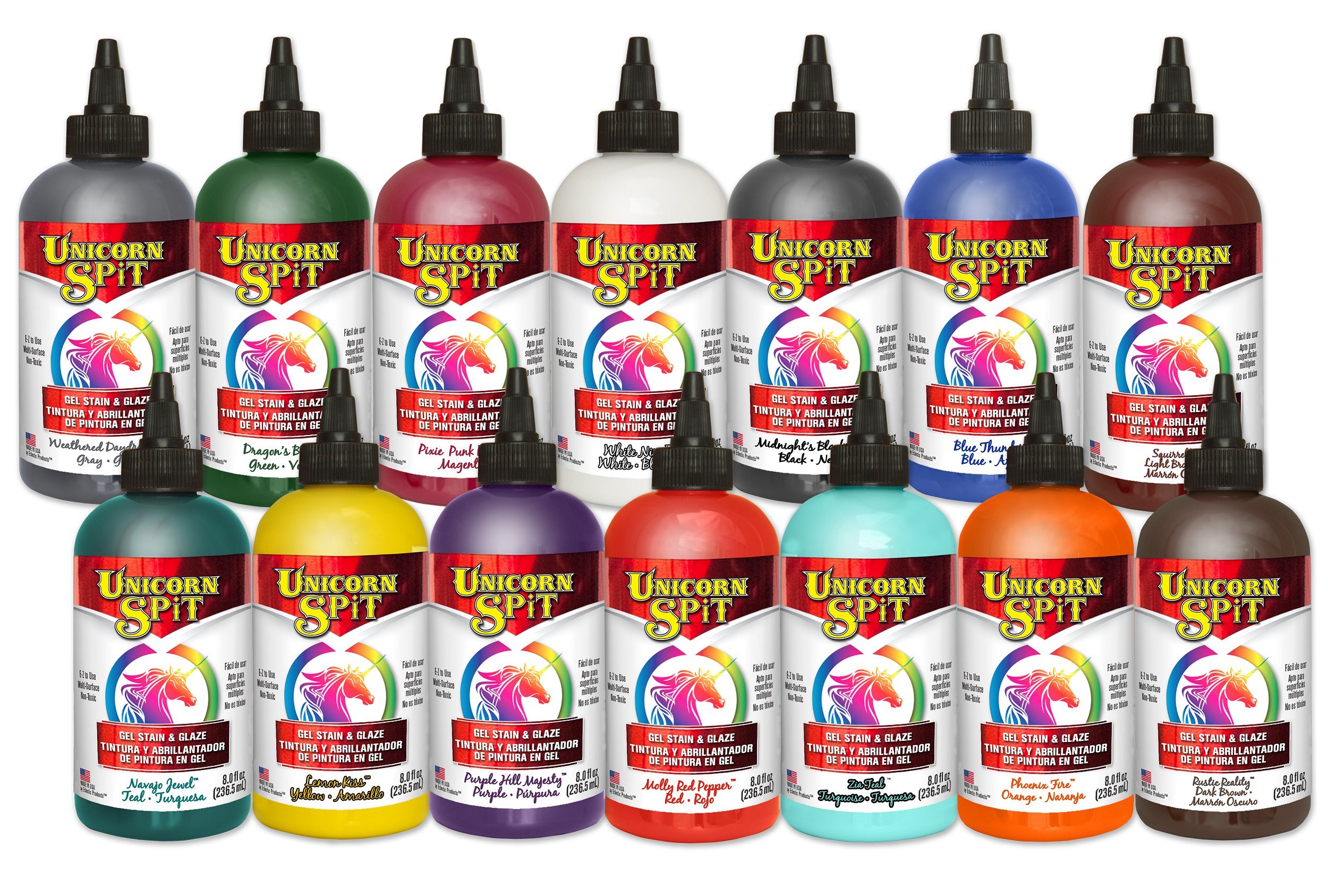 Unicorn SPiT Gel Stain & Glaze in One - 14 Color Complete Paint Collection (8oz) - Includes PTP Flash Deals Guide - Perfect for Wood Furniture, DIY Crafts & Home Decor Projects
