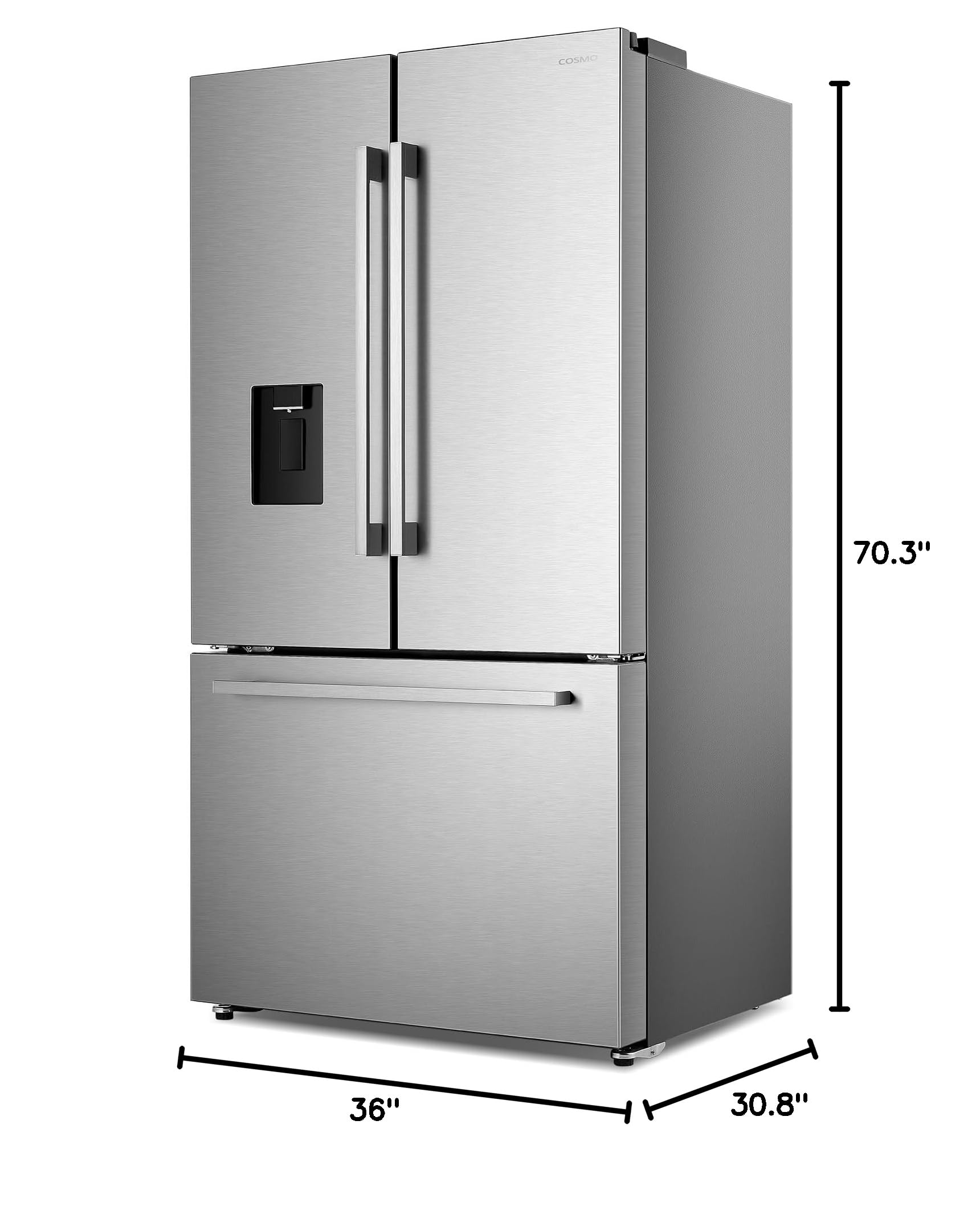 COSMO COS-FDR223GWSS 36-Inch Stainless Steel Counter-Depth French Door Refrigerator with Built-In Water Dispenser & Automatic Ice Maker - Perfect for Modern Kitchens, Entertaining & Family Use
