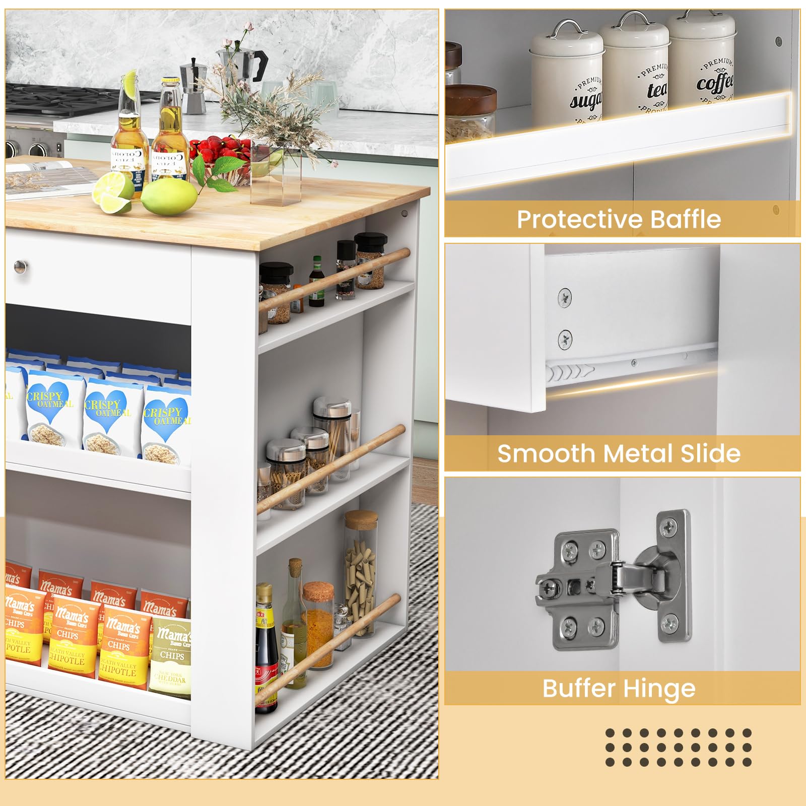 Moccha Kitchen Island with Storage Cabinet - 2 Doors, 2 Drawers, 6-Tier Spice Rack & Open Shelves - White Wood Counter Table for Dining Room (29.5