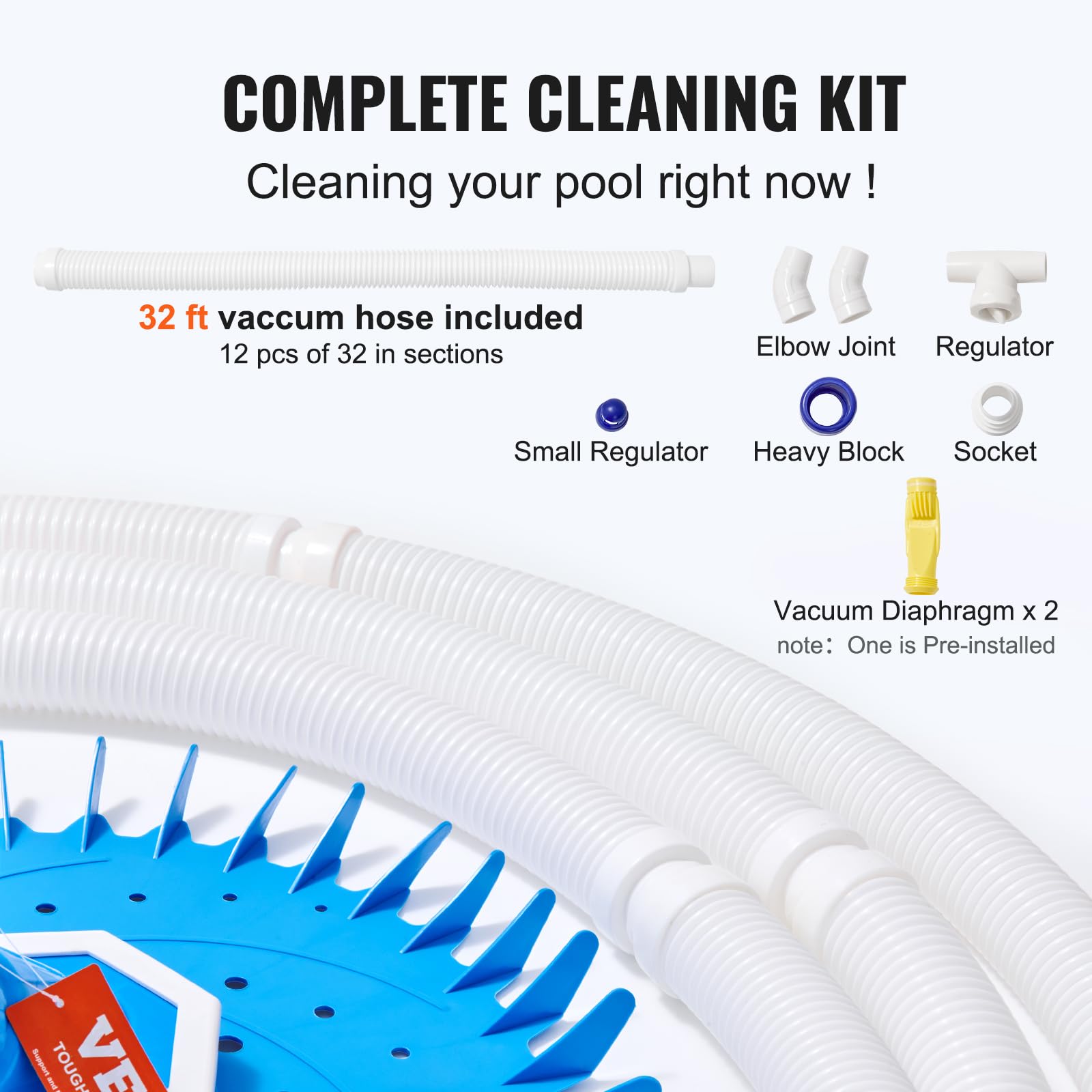 VEVOR Automatic Suction Pool Cleaner - Low Noise Robotic Vacuum with Extra Diaphragm, 10 x 32 in Hoses & 36-Fin Disc - Ideal for Above Ground & Inground Pools - Perfect for Backyard, Vacation Homes & Commercial Use