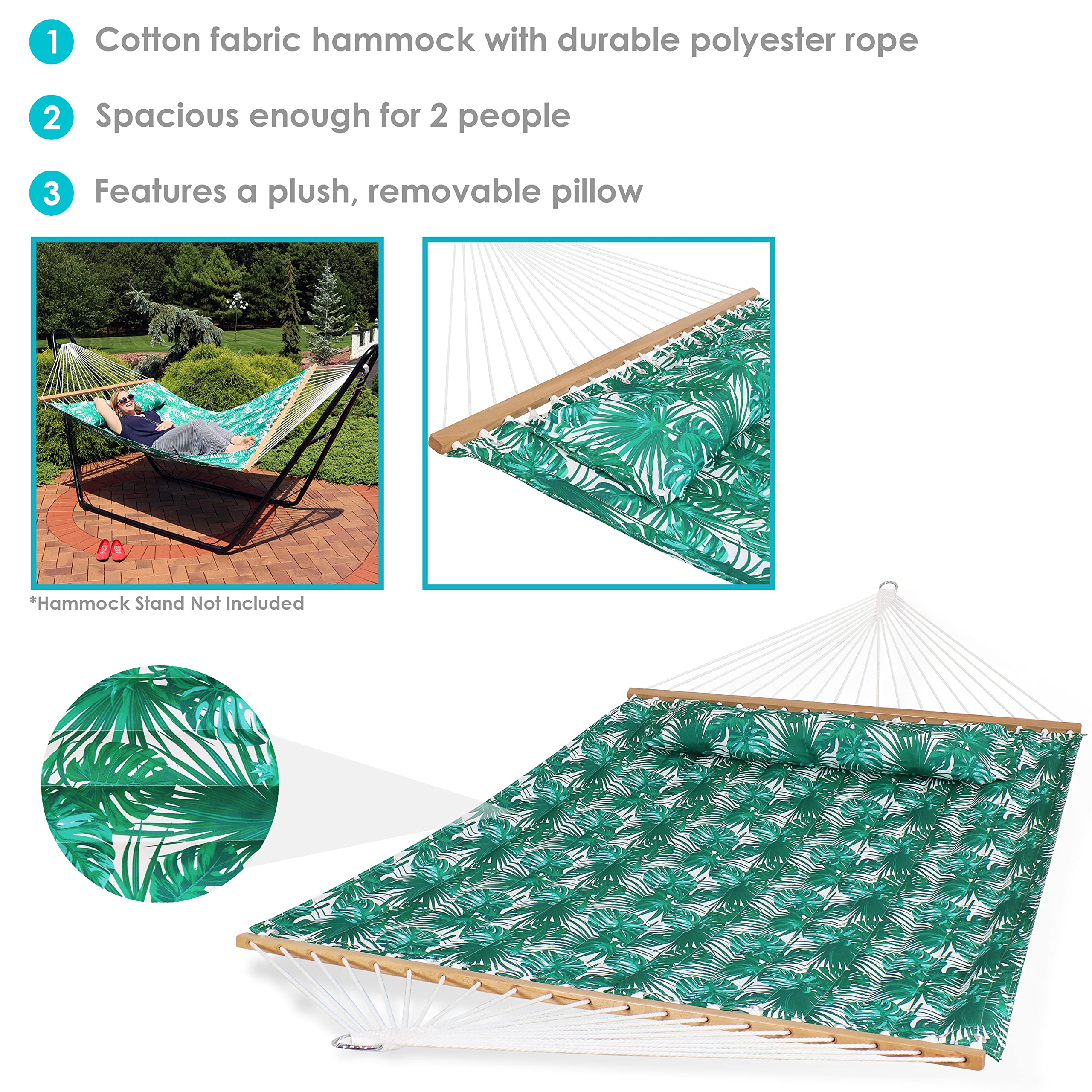 SunnyDaze Green Palm Leaves 2-Person Quilted Hammock with Pillow, S-Hooks & Chains - 450 lb Capacity Heavy Duty Steel Stand - Perfect for Backyard, Patio & Outdoor Relaxation