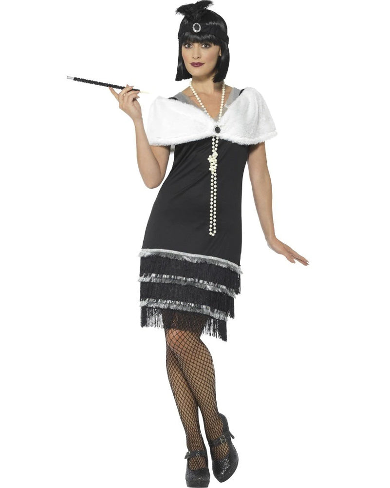 1920s Black Flapper Dress with Fur Stole - Vintage Women's Costume for Halloween, Gatsby Party & Roaring 20s Theme Events