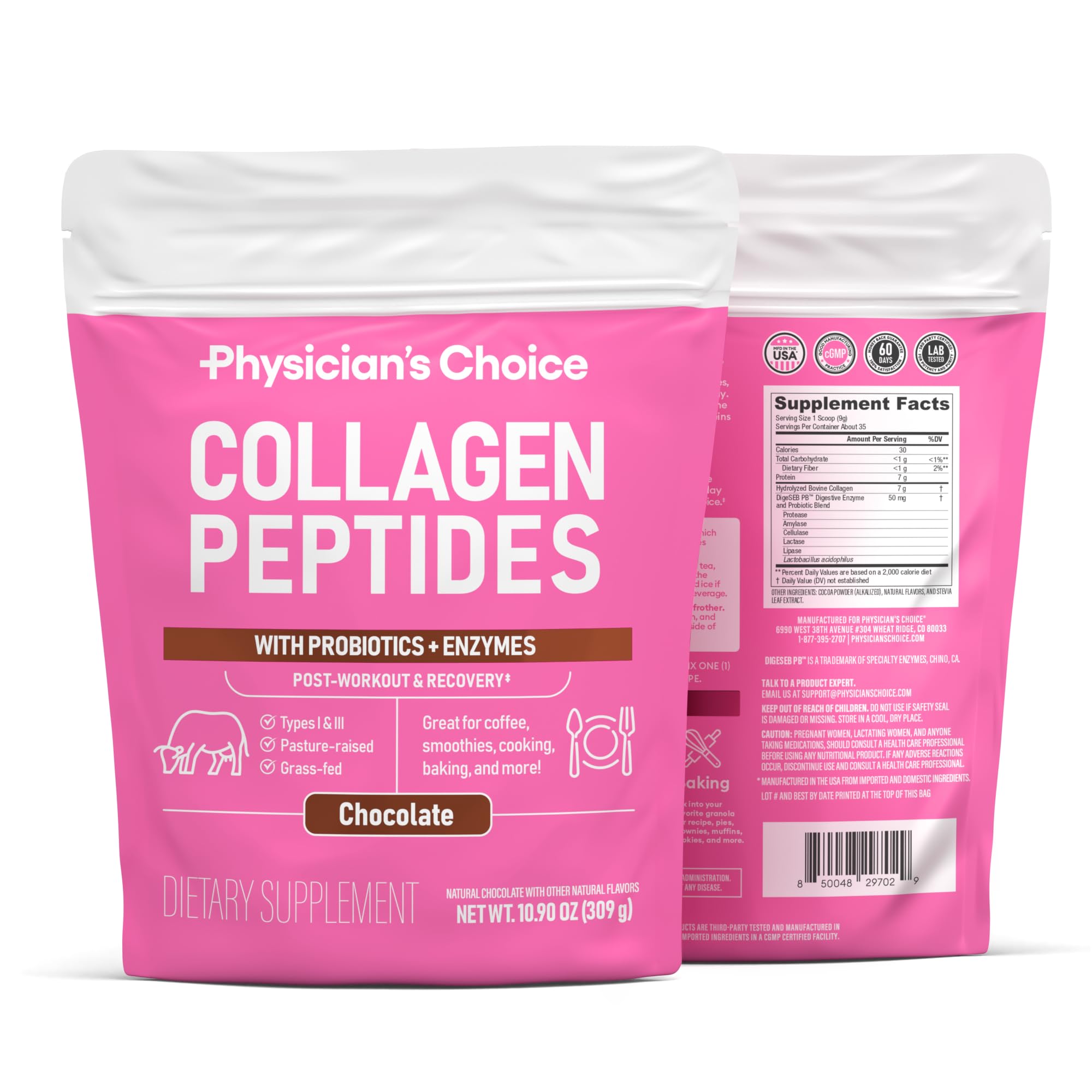 Physician's CHOICE Hydrolyzed Collagen Peptides Powder - Type I & III with Digestive Enzymes - Keto Friendly Protein Powder for Women & Men - Supports Hair, Skin & Workout Recovery - Grass Fed, Chocolate Flavor - Perfect for Smoothies, Coffee & Post-Workout Shakes